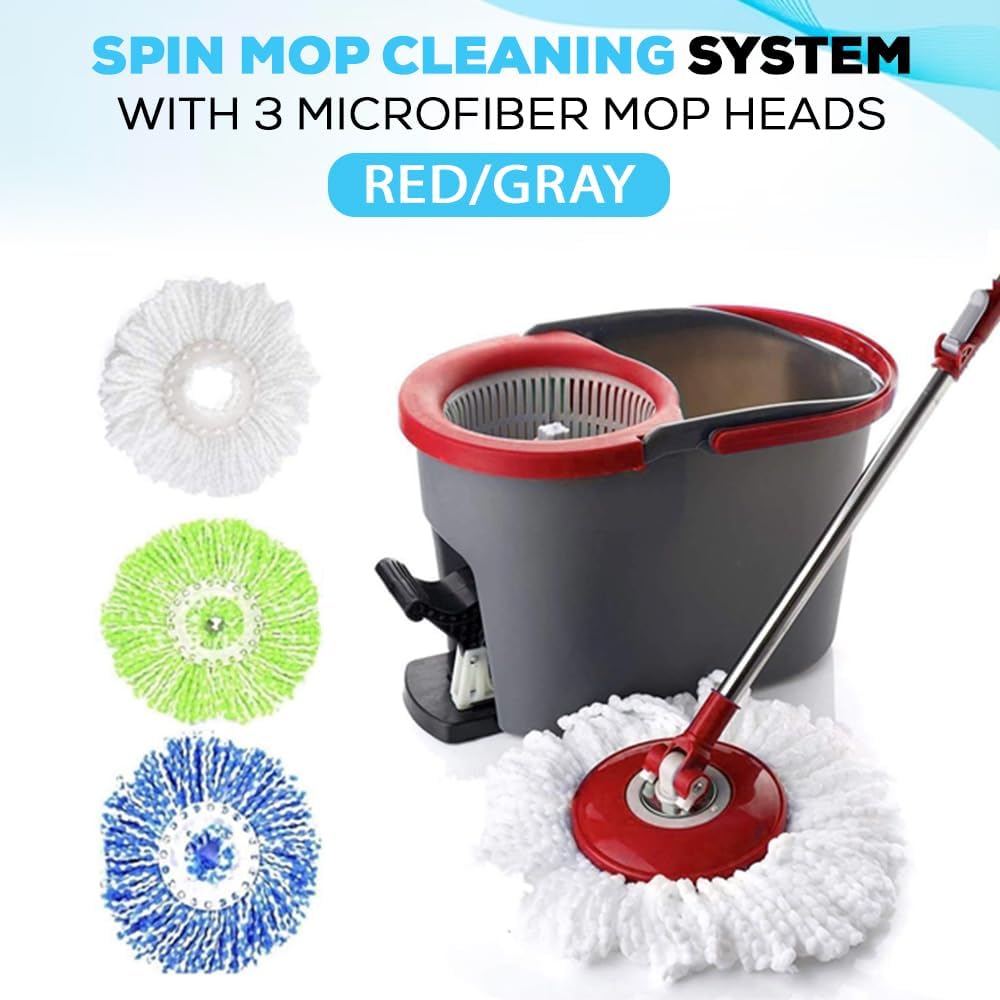 SIMPLI-MAGIC 79349 Spin Mop Cleaning System with 3 Microfiber Mop Heads, Red/GRAY,Red/Black