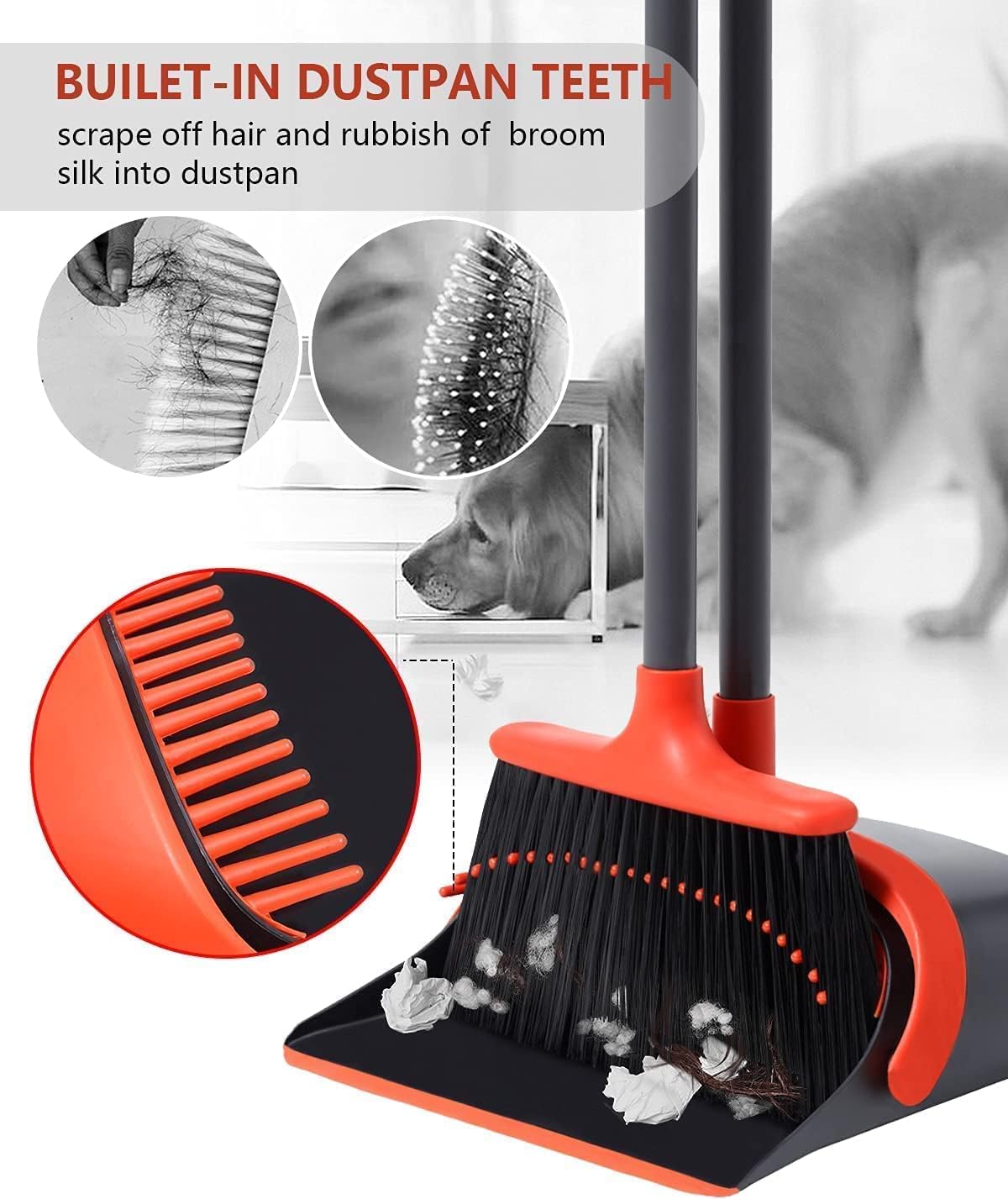 Broom with Dustpan Combo Set, Upgrade Broom and Dustpan Set for Home, 52'' Long Handle Broom and Dustpan Set, Standing Dustpan and Broom for Kitchen Office Lobby Floor