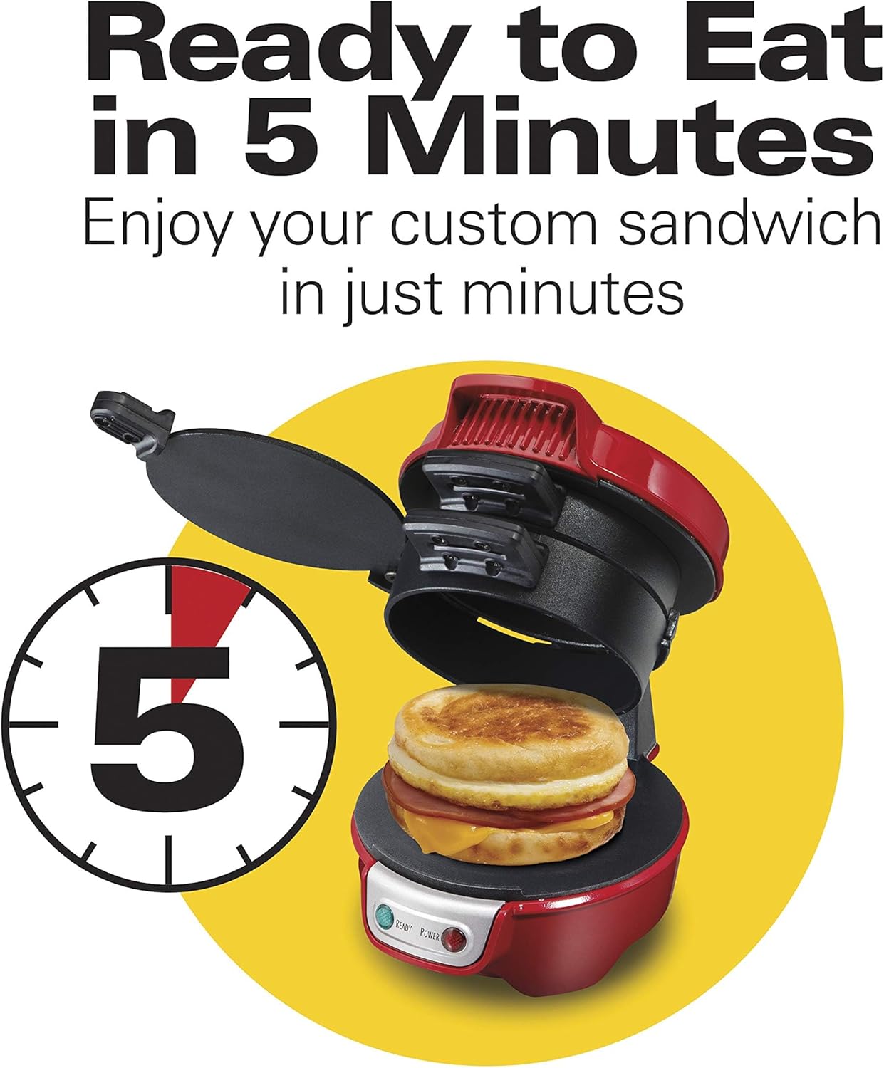 Hamilton Beach Breakfast Sandwich Maker with Egg Cooker Ring, Customize Ingredients, English Muffins, Croissants, Mini Waffles, Perfect White Elephant Gifts, Single, Black