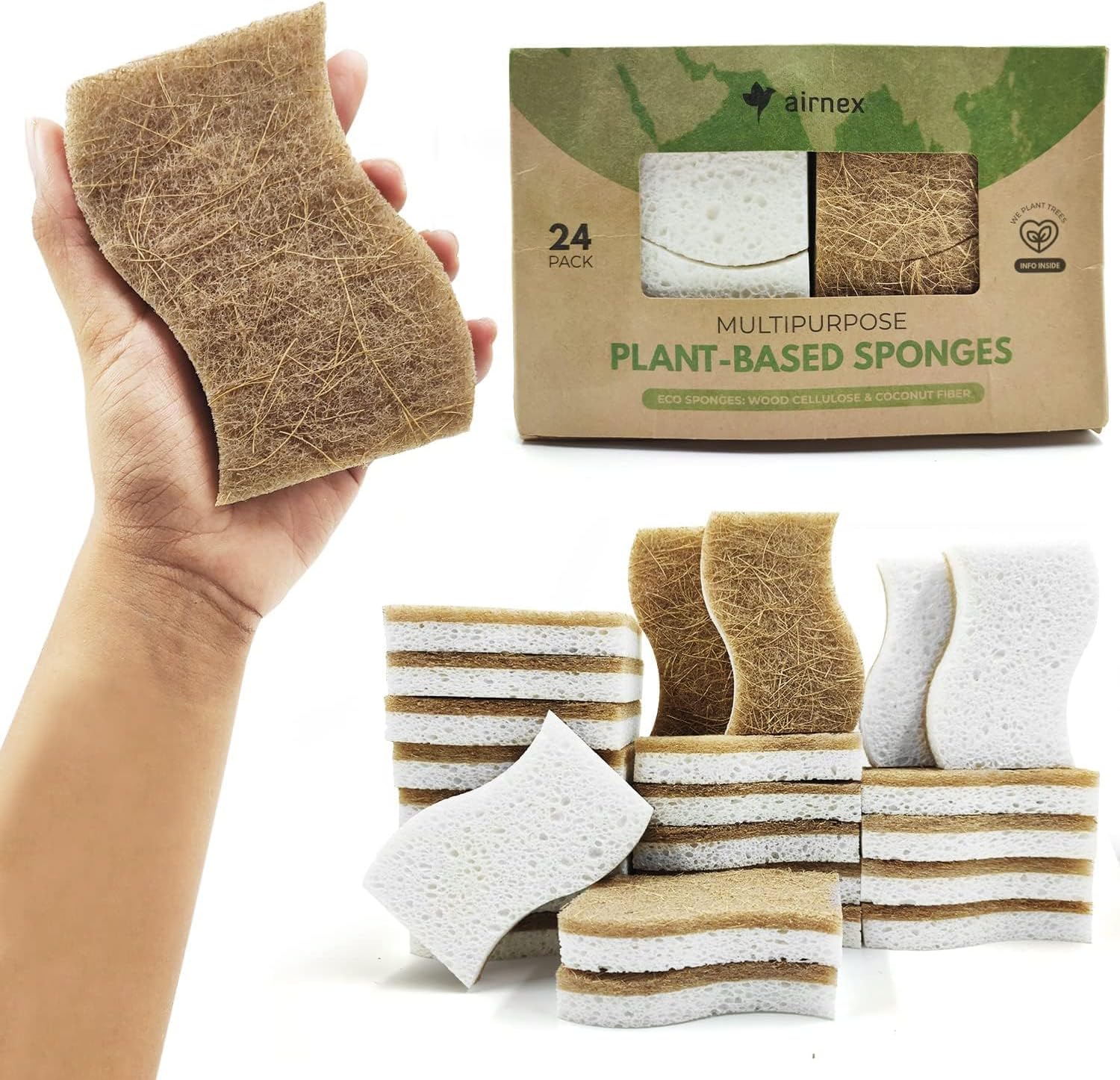 Natural Kitchen Sponge - Biodegradable Compostable Cellulose and Coconut Scrubber Sponge - Pack of 12 Eco Friendly Sponges for Dishes