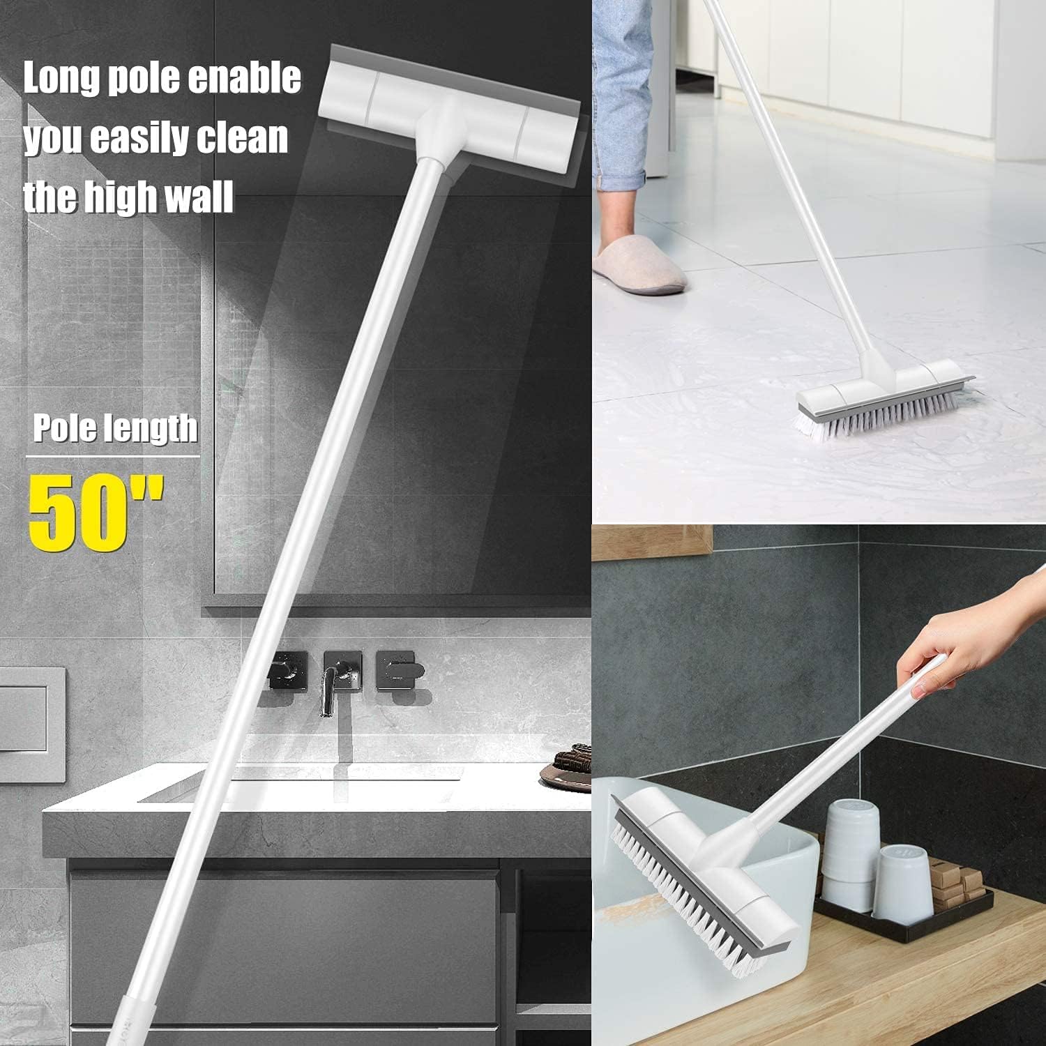 BOOMJOY Floor Scrub Brush with Long Handle, 2 in 1 Scrape and Brush, Stiff Bristles Floor Scrubber, Deck Brush for Cleaning Bathroom, Patio, Garage, Kitchen, Bath, Tile
