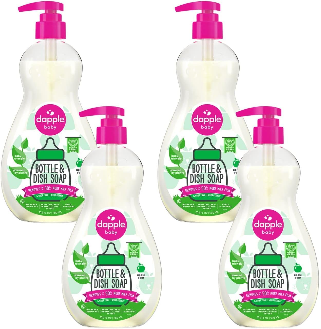 Dapple Baby Bottle Soap, Hypoallergenic Dish Soap for Baby Bottles, Powered by Plants, 1 Pump Included, Packaging May Vary, Fragrance Free, 16.9 Fl Oz (Pack of 3)