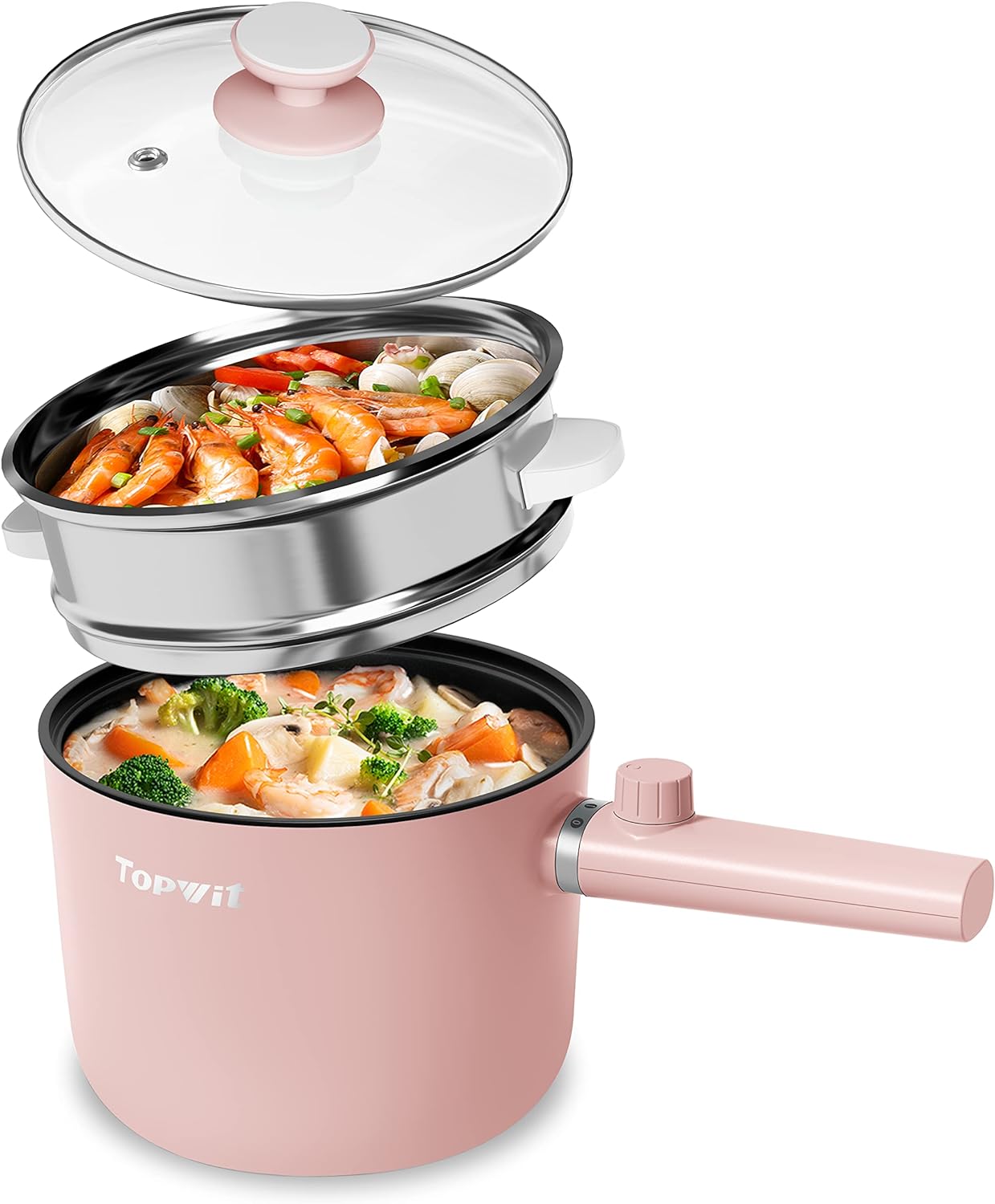 Topwit Hot Pot Electric, 1.5L Ramen Cooker, Portable Non-Stick Frying Pan, Electric Pot for Pasta, Steak, BPA Free, Electric Cooker with Dual Power Control, Over-Heating & Boil Dry Protection, Black
