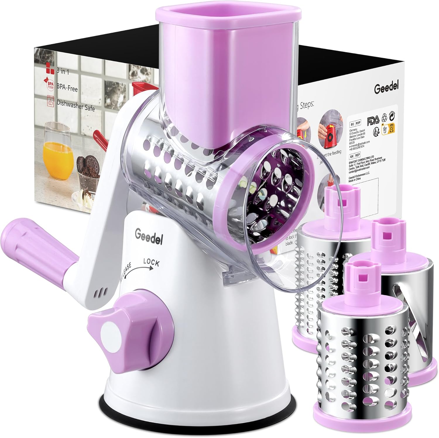Geedel Rotary Cheese Grater, Kitchen Mandoline Vegetable Slicer with 3 Interchangeable Blades, Easy to Clean Grater for Fruit, Vegetables, Nuts