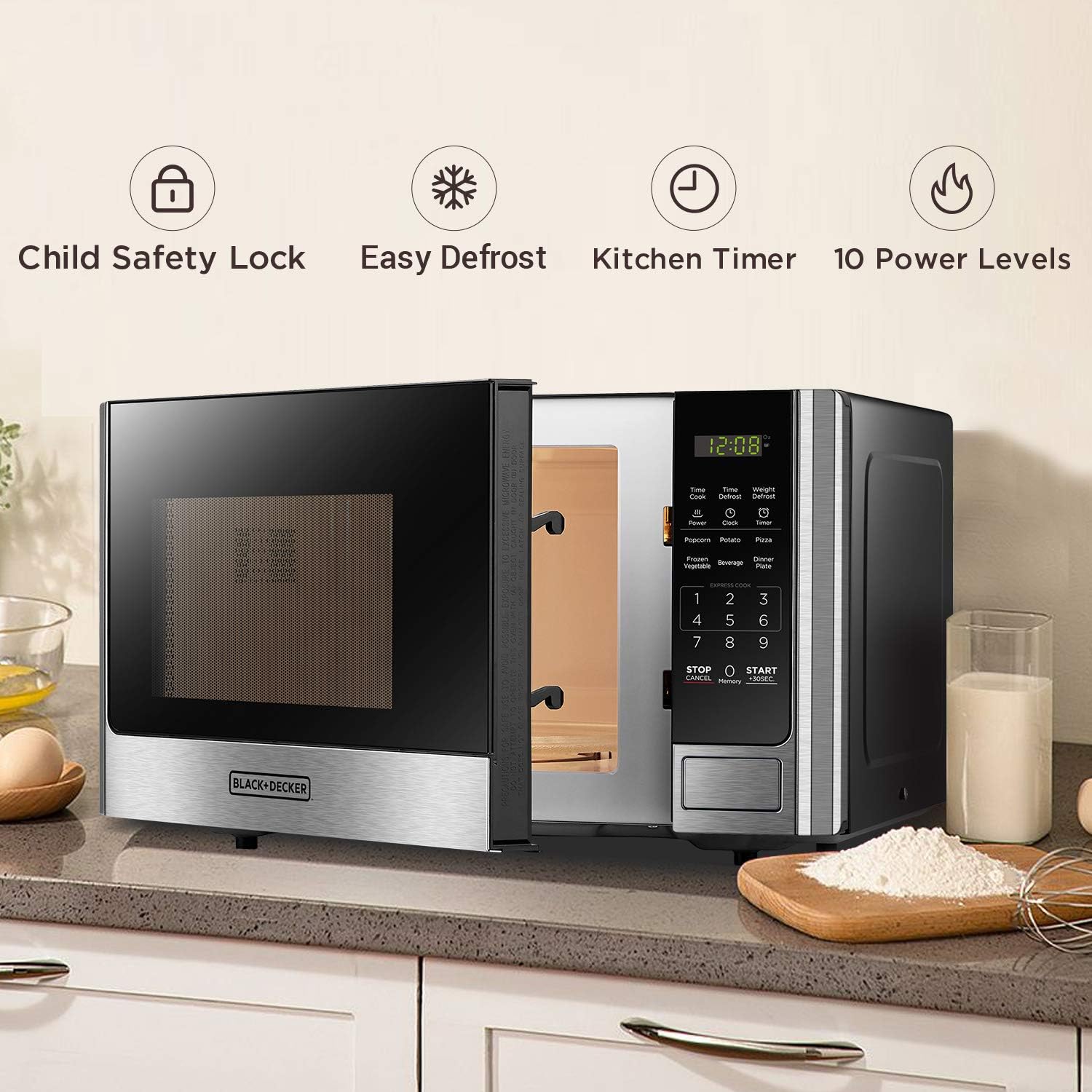 BLACK+DECKER EM720CB7 Digital Microwave Oven with Turntable Push-Button Door, Child Safety Lock, 700W, Stainless Steel, 0.7 Cu.ft