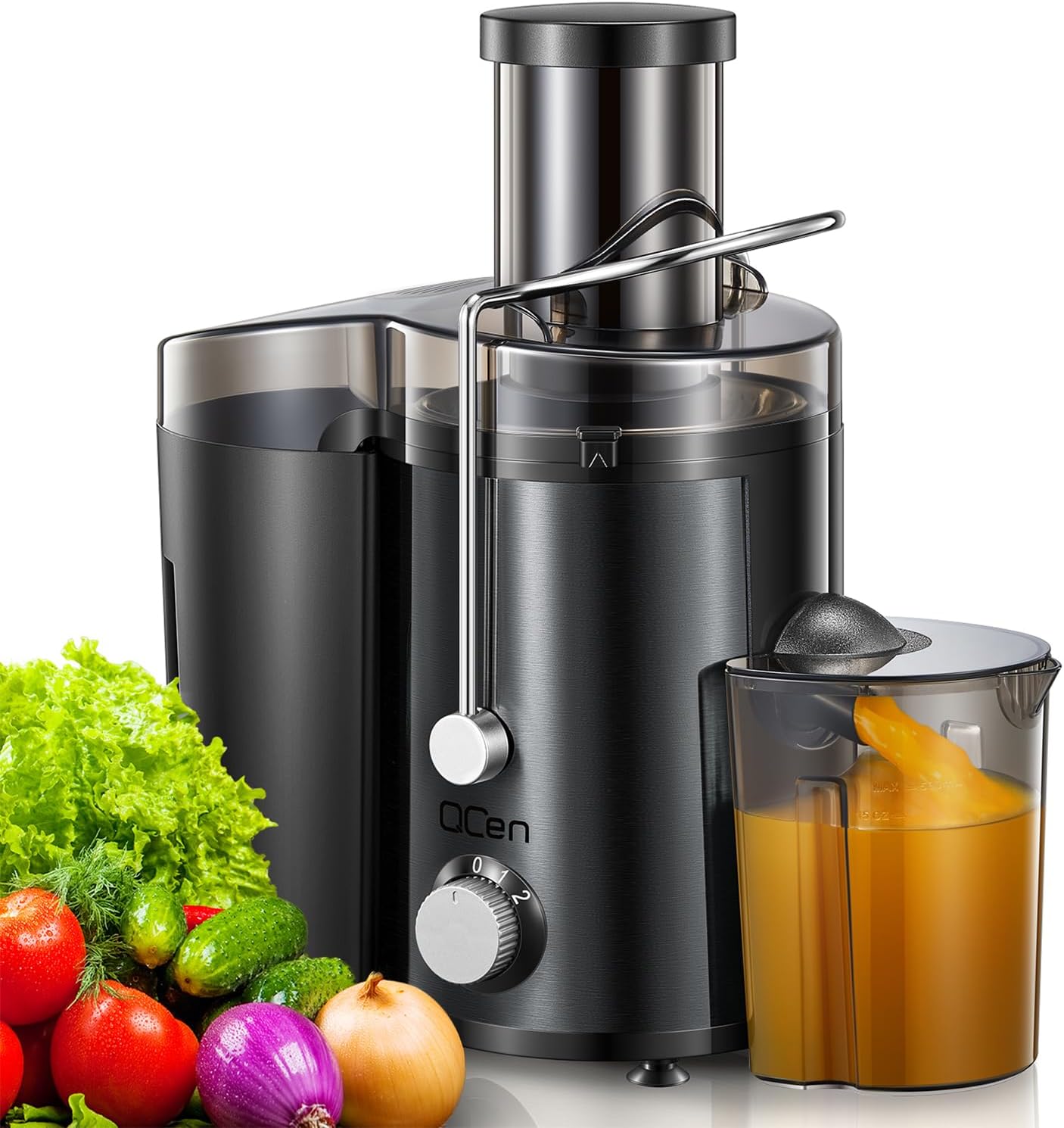 Qcen Juicer Machine, 800W Centrifugal Juicer Extractor with Wide Mouth 3” Feed Chute for Fruit Vegetable, Easy to Clean, Stainless Steel, BPA-free (Black)