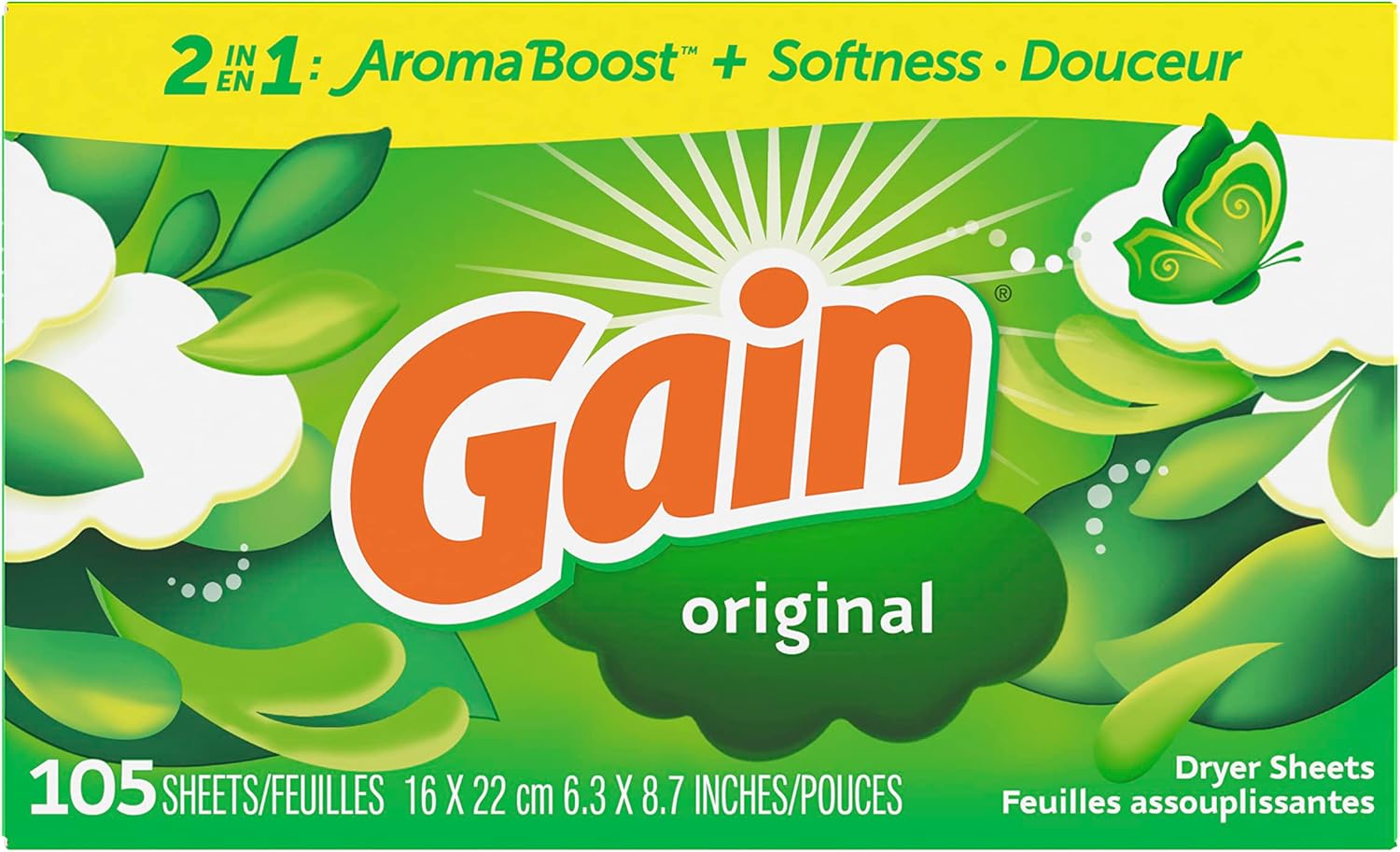 Gain Dryer Sheets, 240 Count, Original Scent Laundry Fabric Softener Sheets with 2-in-1 Aromaboost Plus Softness