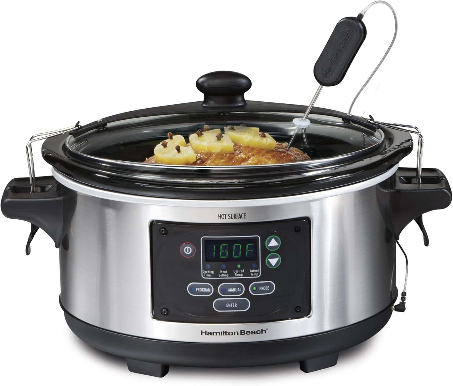 Hamilton Beach Portable 6 Quart Set & Forget Digital Programmable Slow Cooker with Lid Lock, Temperature Probe, Dishwasher Safe Crock & Lid, Black Stainless (33866)
