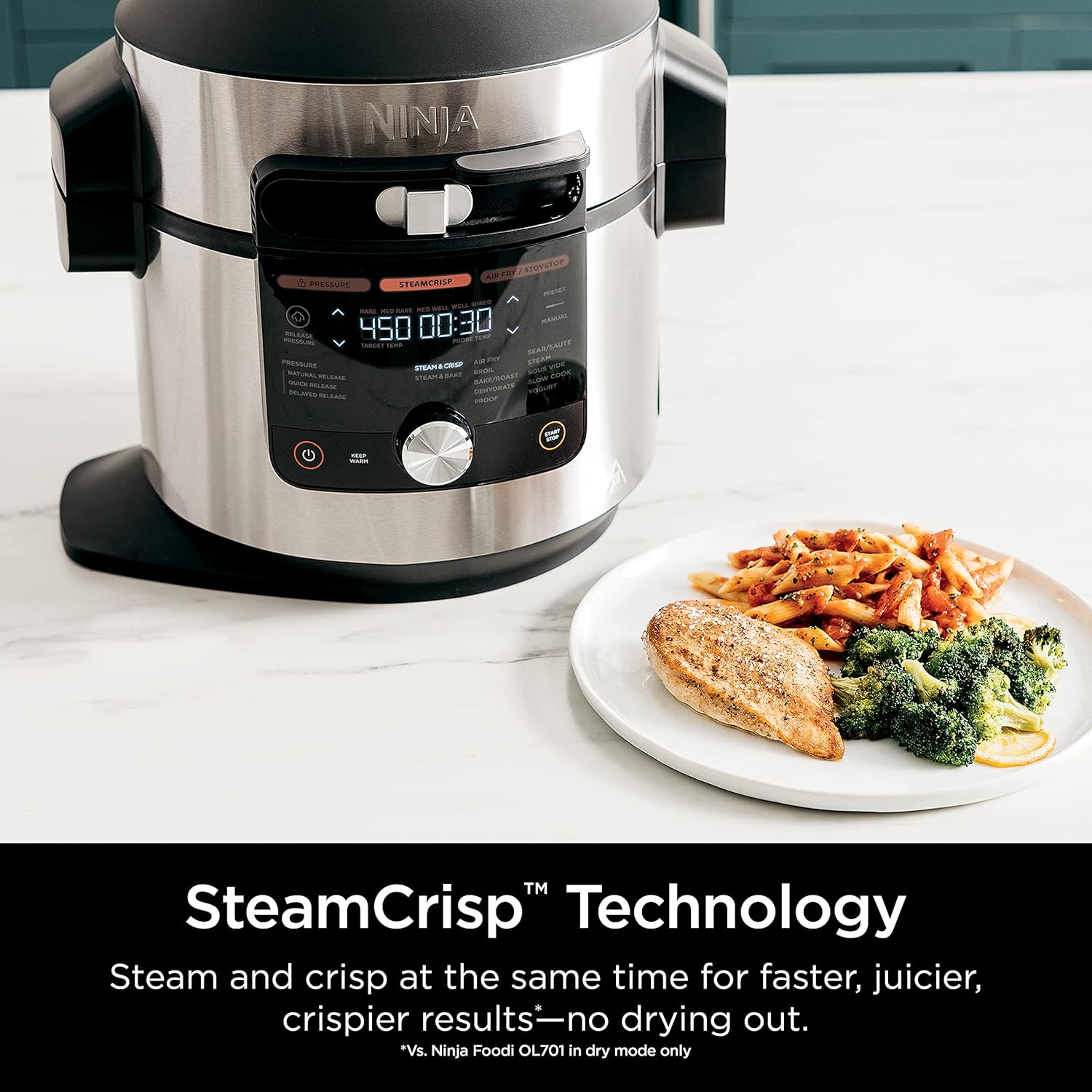 Ninja OL601 Foodi XL 8 Qt. Pressure Cooker Steam Fryer with SmartLid, 14-in-1 that Air Fries, Bakes & More, with 3-Layer Capacity, 5 Qt. Crisp Basket & 45 Recipes, Silver/Black