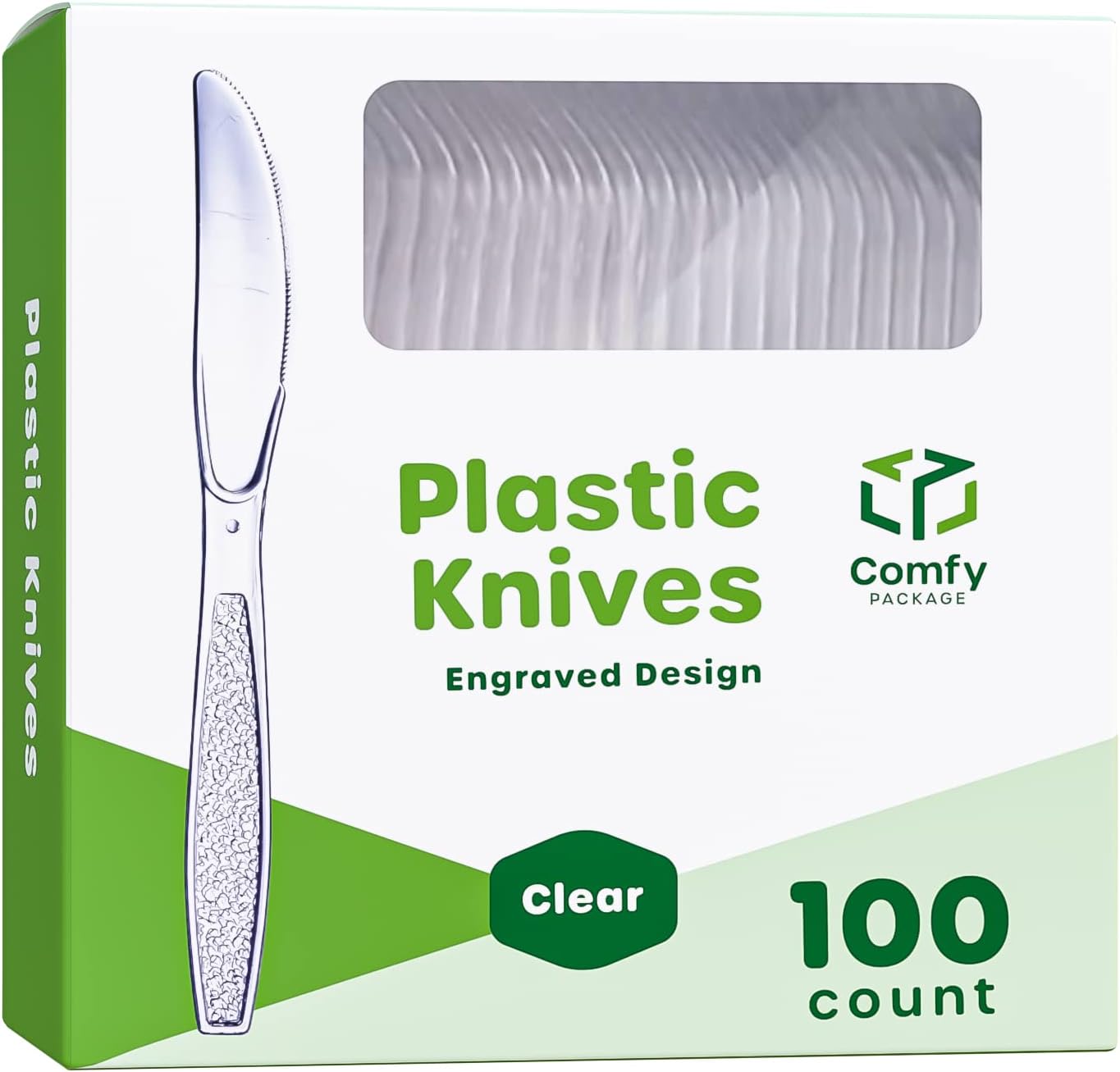 Comfy Package [100 Pack Clear Plastic Knives Heavy Duty with Engraved Design - Plastic Knives Disposable, Sturdy Plastic Silverware for Parties, Weddings, and Events