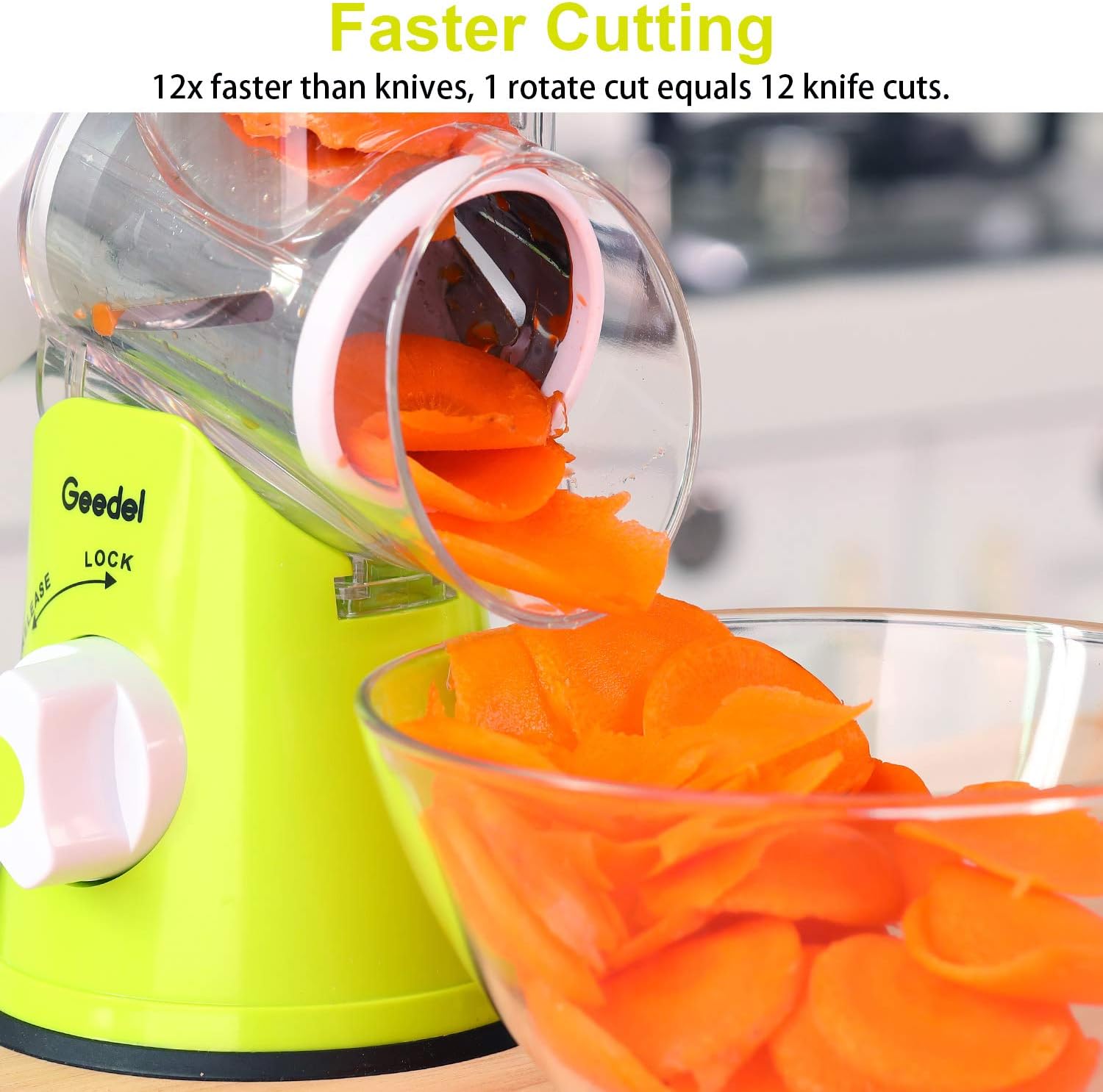 Geedel Rotary Cheese Grater, Kitchen Mandoline Vegetable Slicer with 3 Interchangeable Blades, Easy to Clean Grater for Fruit, Vegetables, Nuts
