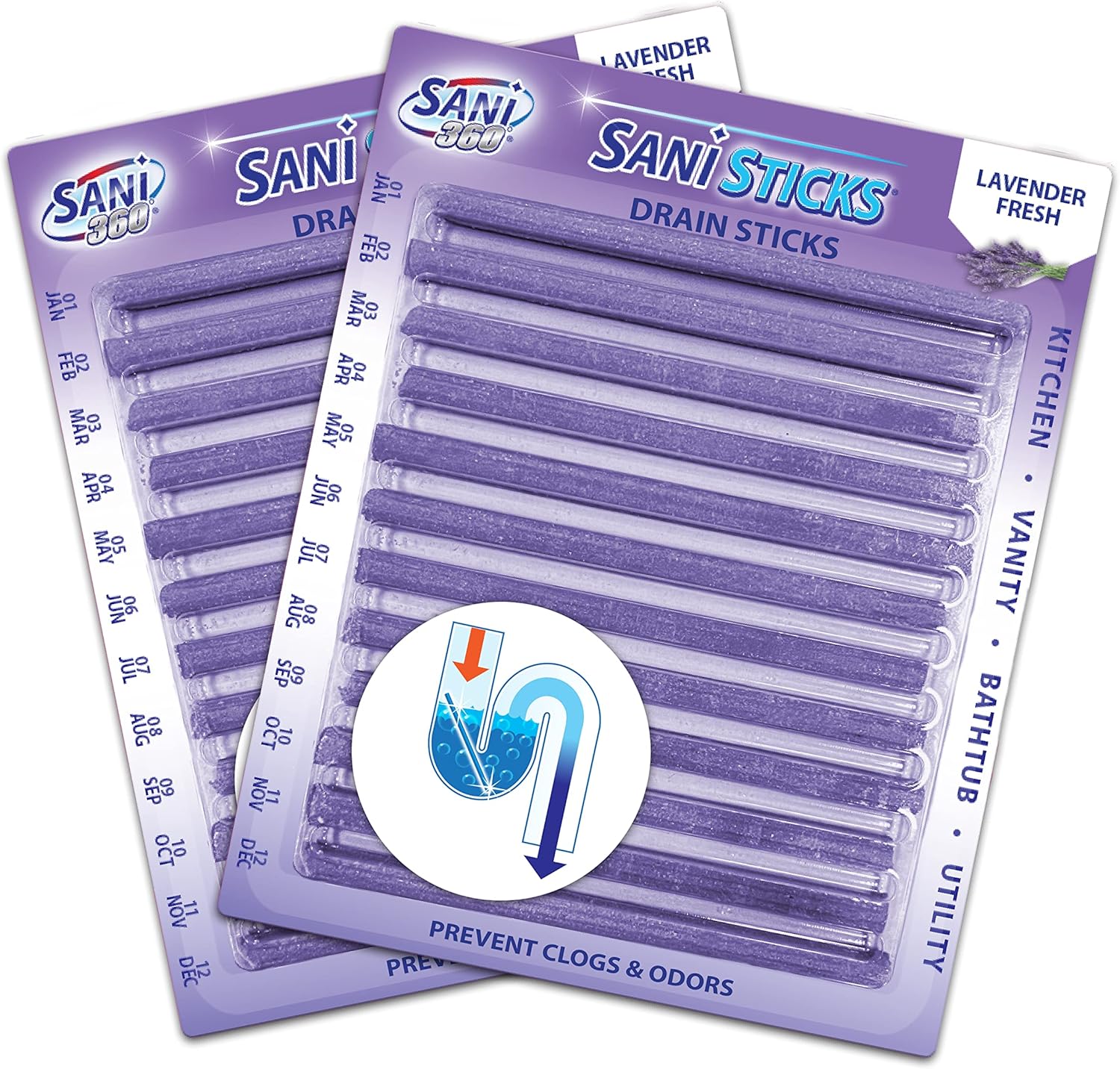 SANI 360° Sani Sticks Drain Cleaner and Deodorizer, Enzyme Pipe Cleaners, Eliminate Odors, Prevent Clogged Drains, Safe for Sinks, Bathtub Drains, Septic Tanks, 24 Count, Lemon Scent
