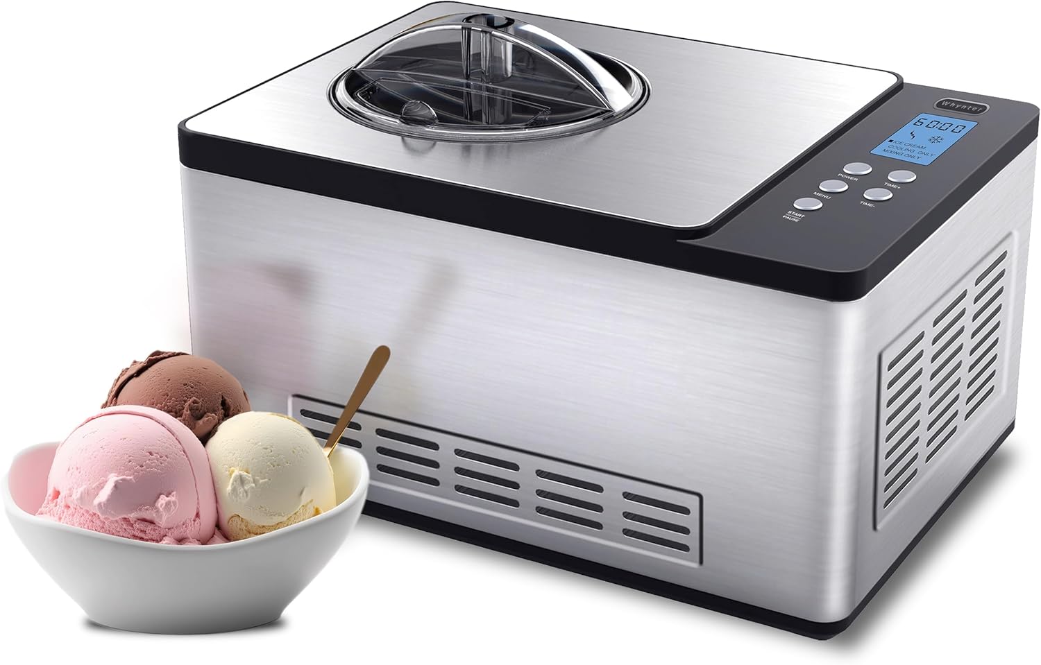 Whynter Ice Cream Maker Machine Automatic 2.1 Qt with Built-in Compressor, LCD Digital Display & Timer, No Pre-Freezing, ICM-200LS, Stainless Steel