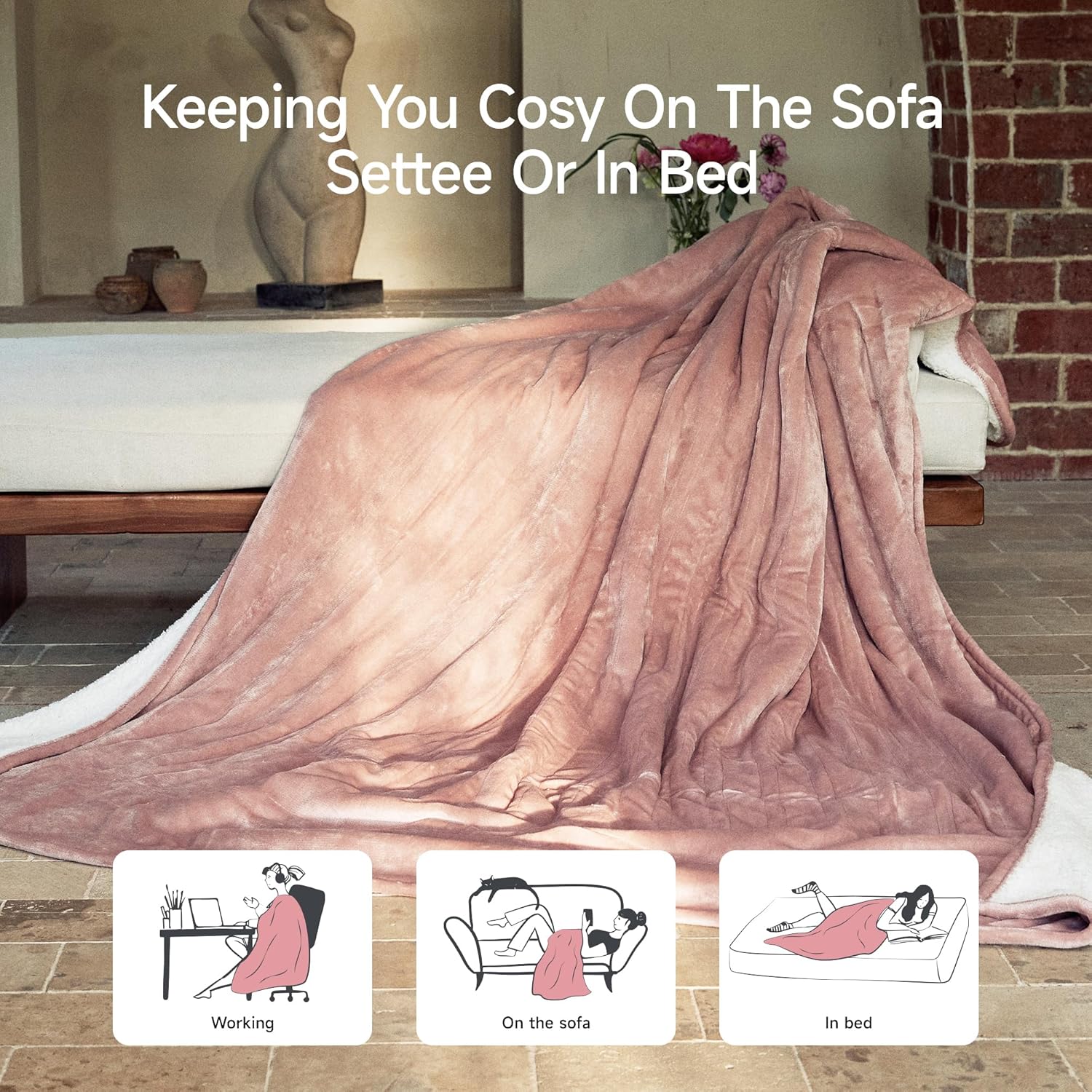 GOTCOZY Heated Blanket Electric Throw 50''X60''- Soft Silky Plush Electric Blanket with 4 Heating Level & 3 Hour Auto Off Heating Blanket, ETL Certified Machine Washable (Rose Dust)