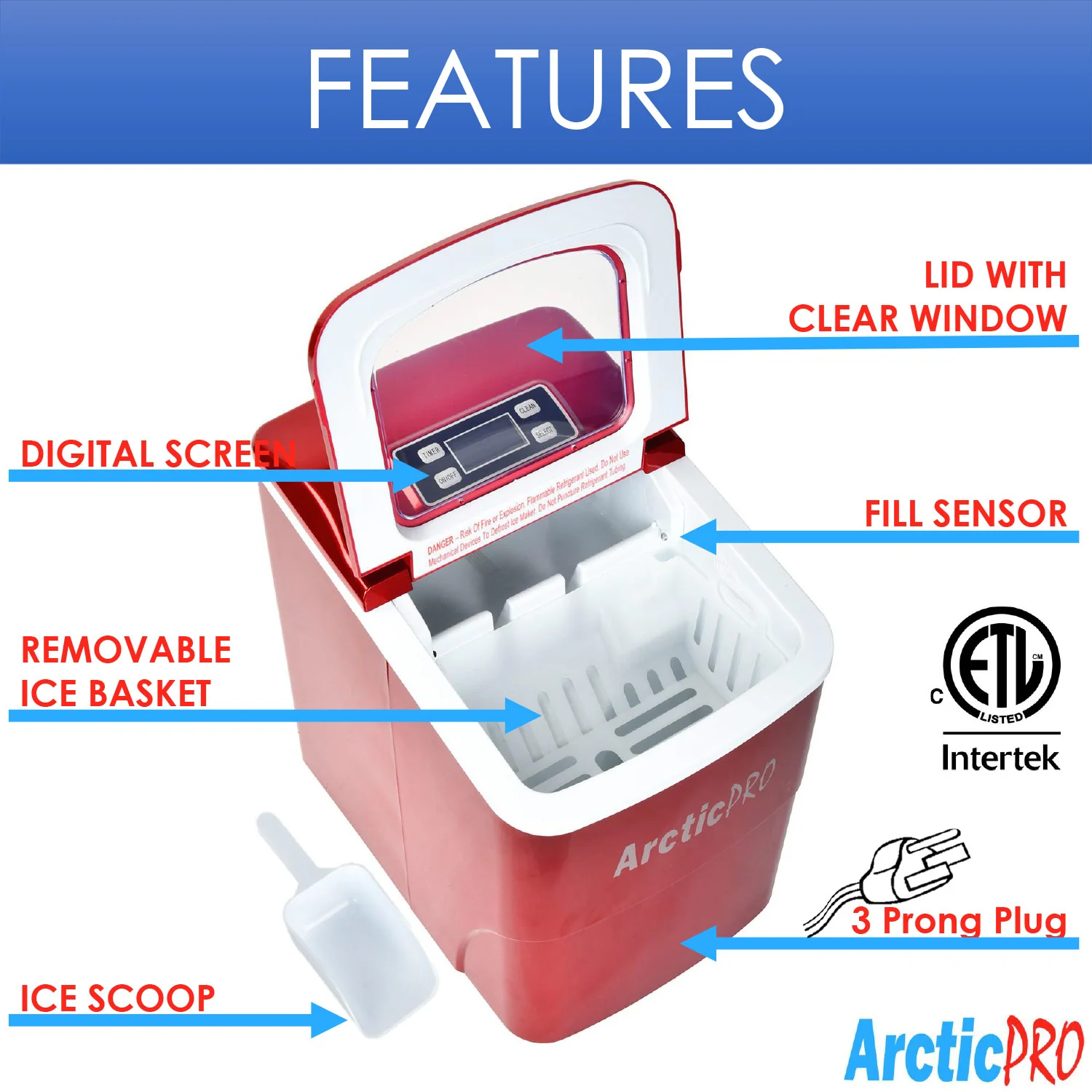Arctic-Pro Portable Digital Quick Ice Maker Machine, Red, Makes 2 Ice Sizes