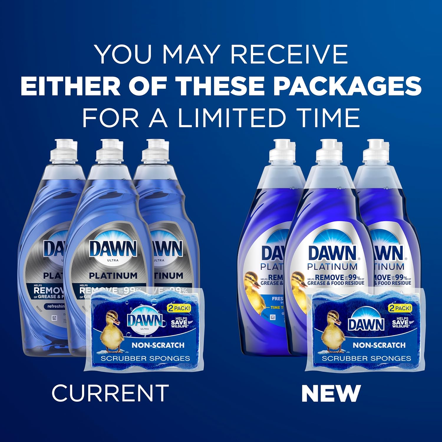 Dawn Dish Soap Squeeze Bottle, EZ-Squeeze Platinum Dish Soap Liquid+Non-Scratch Sponges for Dishes,Refreshing Rain,Includes 3x18oz Bottles+2 Sponges