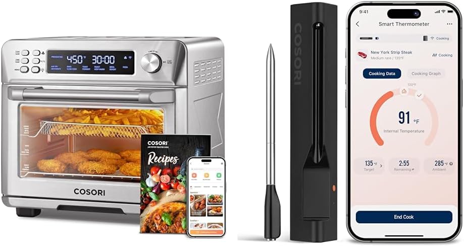 COSORI Smart 11-in-1 Air Fryer Toaster Oven Combo, Airfryer Convection Oven Countertop, Bake, Roast, Reheat, Broil, Dehydrate, 94 Recipes & 3 Accessories, 26QT, Silver, Stainless Steel