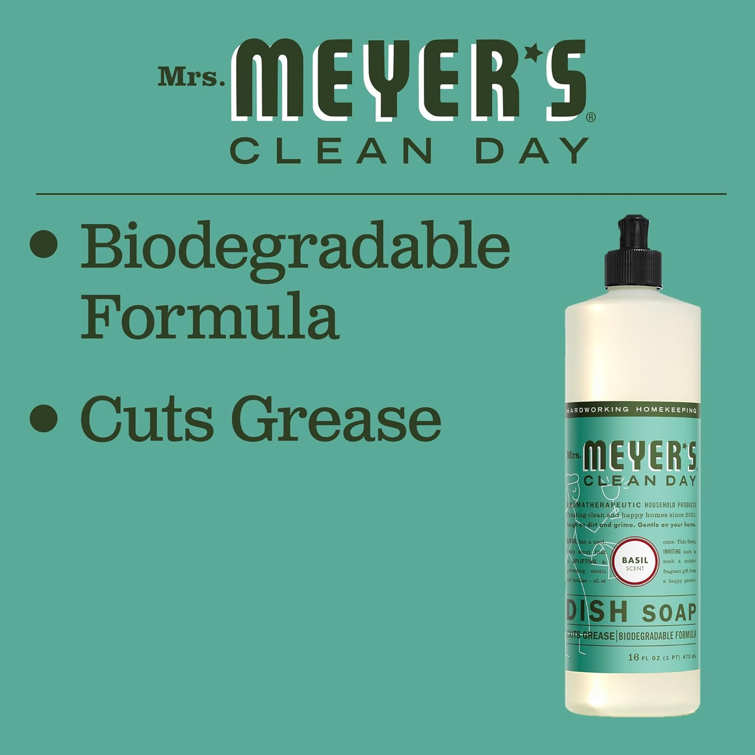 MRS. MEYER'S CLEAN DAY Liquid Dish Soap, Biodegradable Formula, Basil, 16 fl. oz - Pack of 3