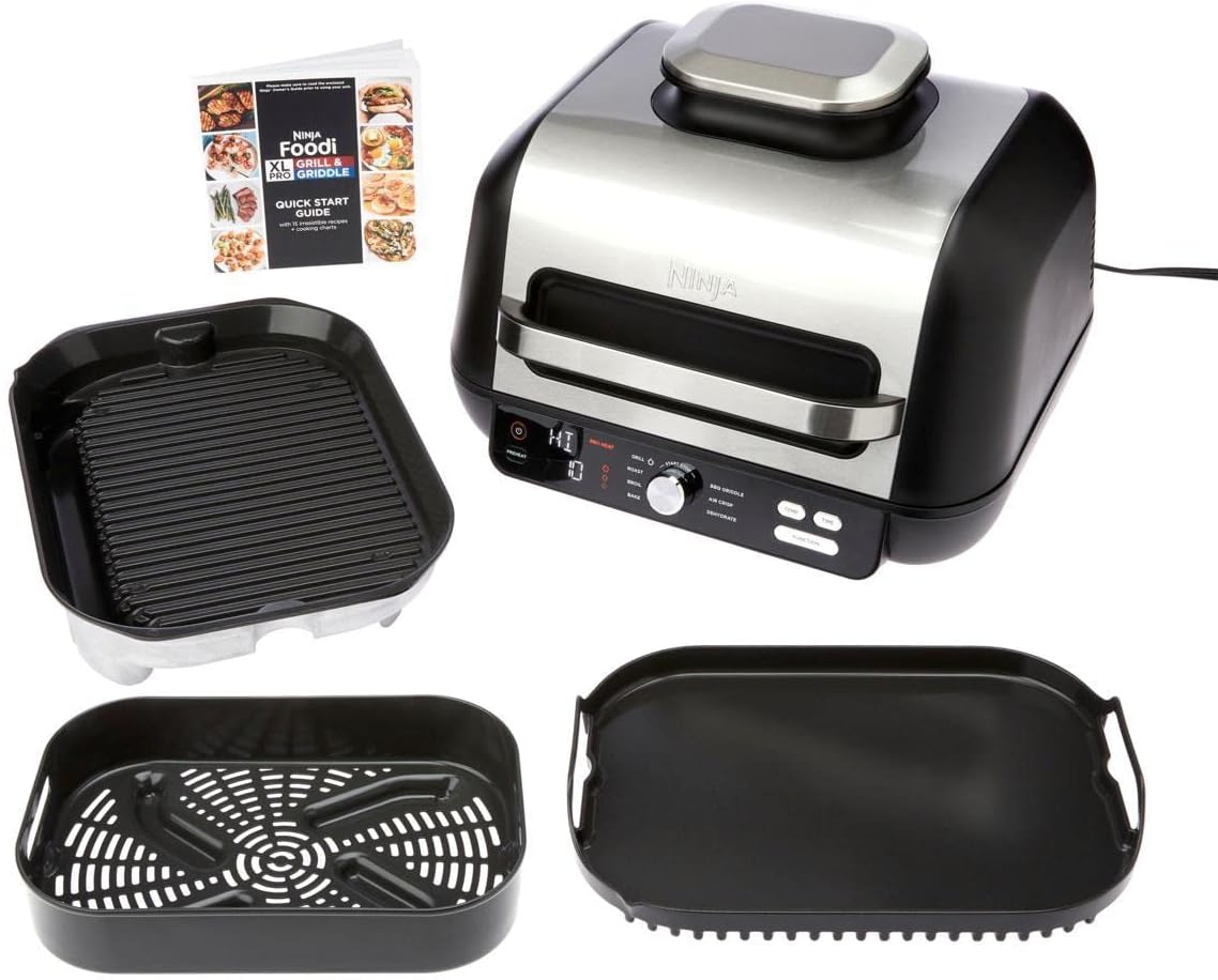Ninja FG551 Foodi Smart XL 6-in-1 Indoor Grill with Air Fry, Roast, Bake, Broil & Dehydrate, Smart Thermometer, Black/Silver
