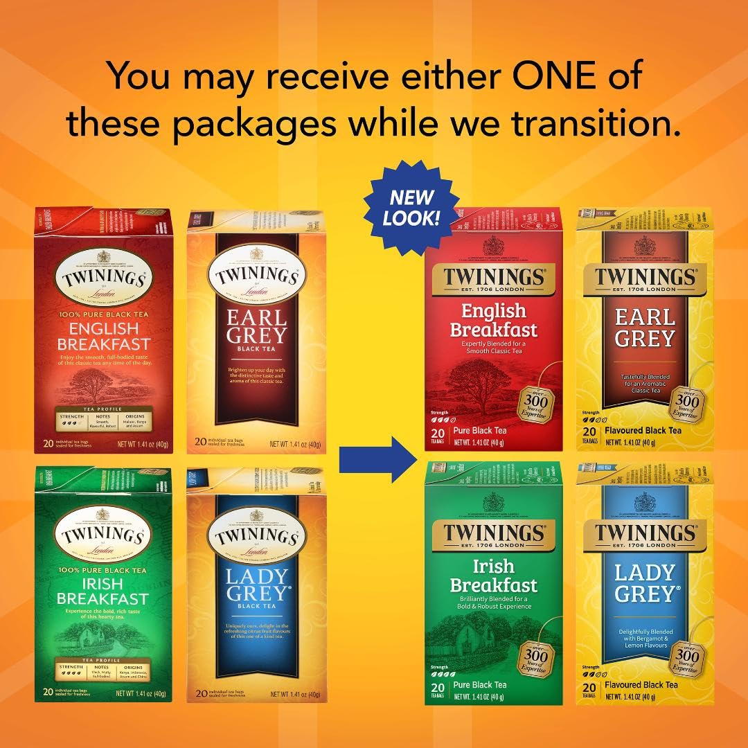 Twinings English Breakfast Black Tea Individually Wrapped Bags, 100 Count (Pack of 1), Smooth, Flavourful, and Robust, Caffeinated, Enjoy Hot or Iced | Packaging May Vary