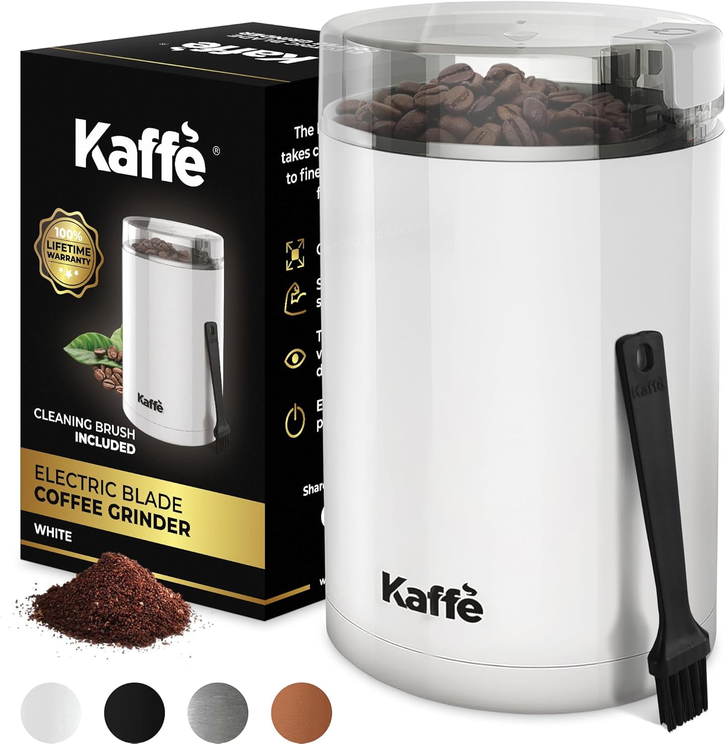Kaffe One-Touch Coffee Grinder Electric w/Cleaning Brush (3 oz) - Coffee Grinders for Home Use - Up to 12 Cups of Coffee per Grind - Easy On/Off Coffee Bean Grinder - Black