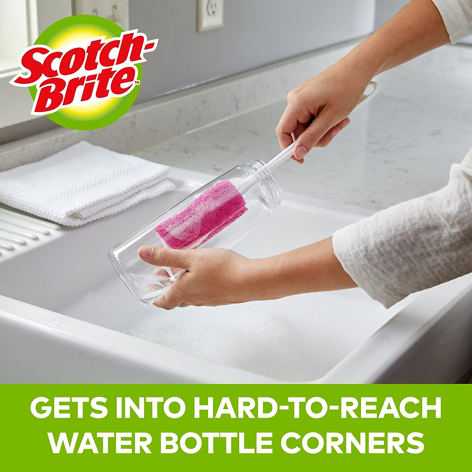 Scotch-Brite Kitchen Brush Kit - Glass and Water Bottle Brush & Advanced Soap Control Dishwand Brush - Scrub Brushes for Cleaning Kitchen and Washing Dishes