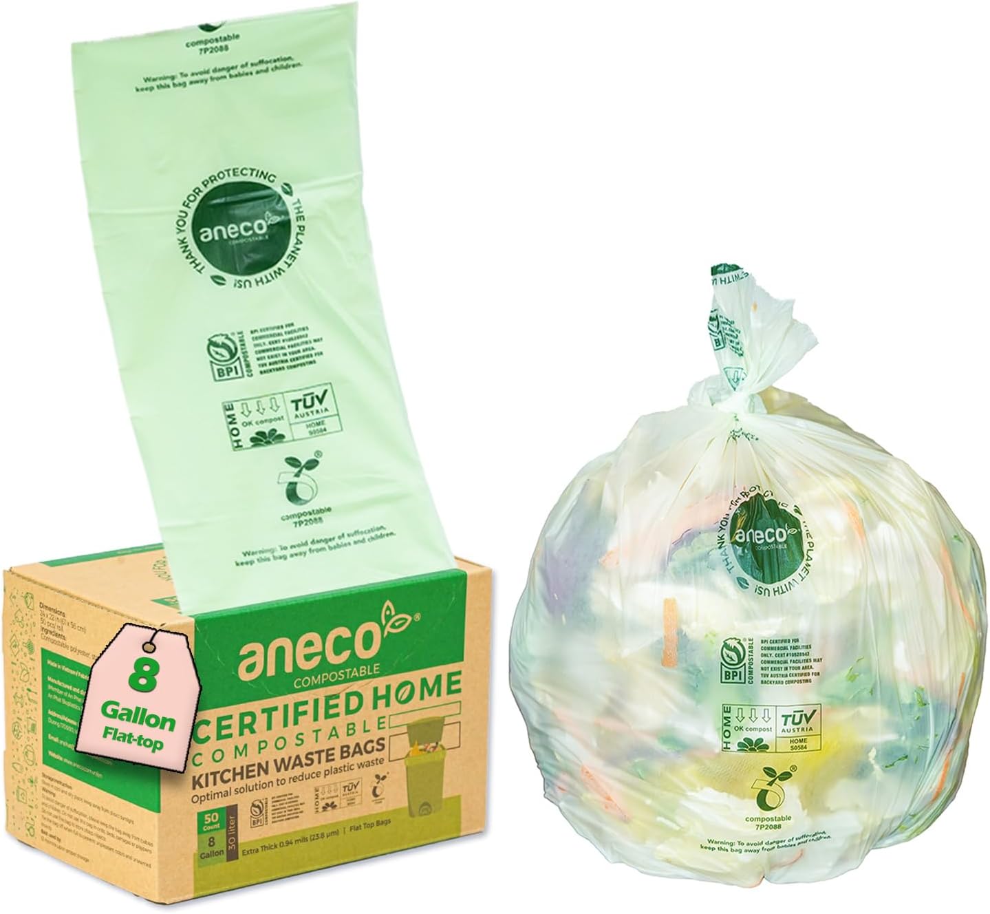 ANECO 100% Compostable Waste Bags 2.6 Gallon, Extra Thick Kitchen Small Compost Bags for Countertop Bin (100 Count)