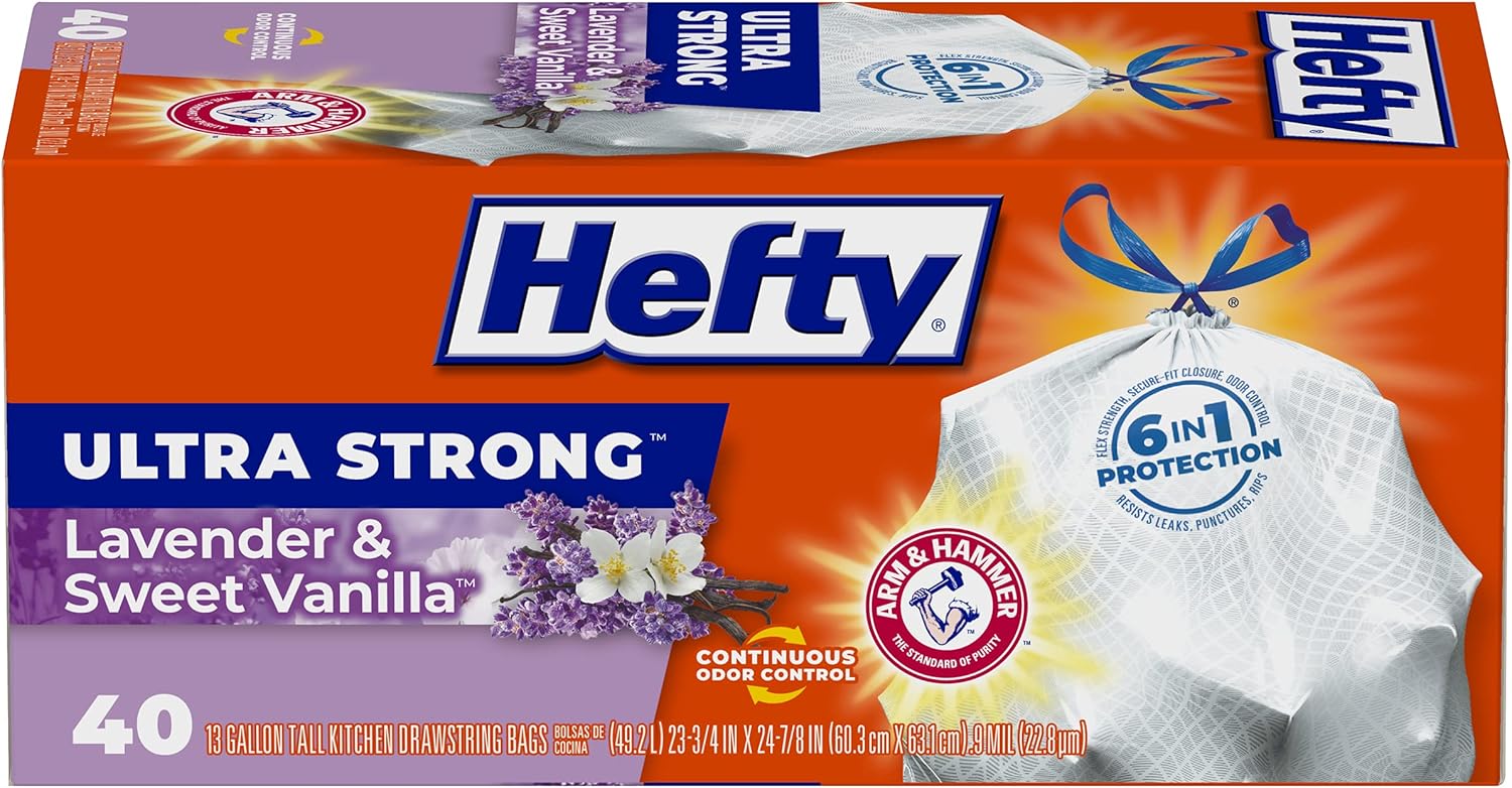 Hefty Ultra Strong Tall Kitchen Trash Bags, Lavender & Sweet Vanilla Scent, 13 Gallon, 80 Count