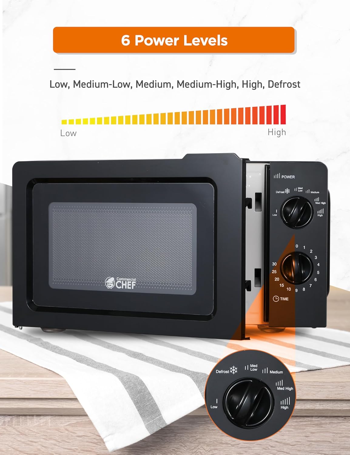 COMMERCIAL CHEF 0.6 Cubic Foot Microwave with 6 Power Levels, Small Microwave with Grip Handle, 700W Countertop Microwave with 30 Minute Timer and Mechanical Dial Controls, White