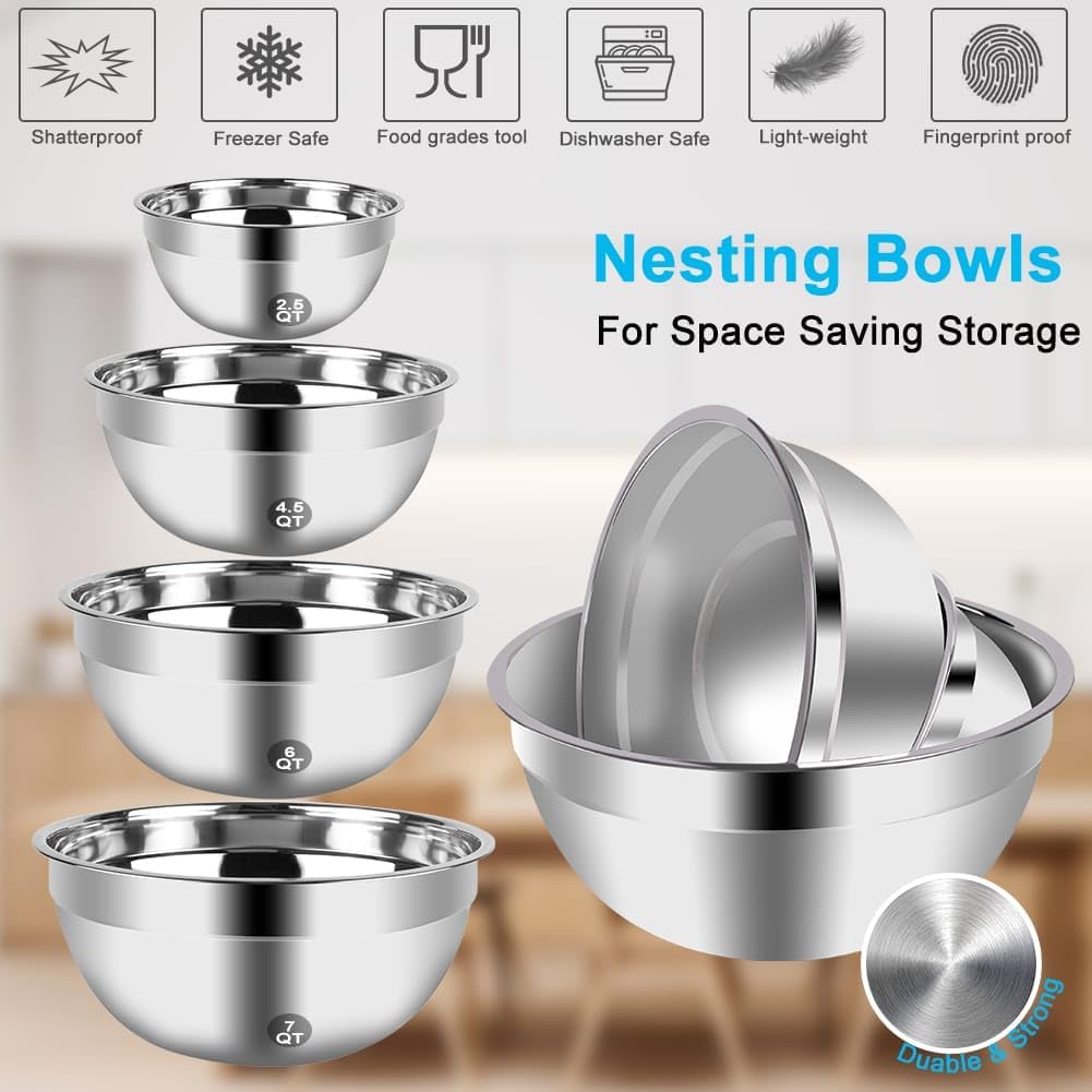 Hand Mixer Electric Mixing Bowls Set, 5 Speeds Handheld Mixer with 4 Nesting Stainless Steel Mixing Bowl, Measuring Cups Spoons 200W Kitchen Blender Whisk Beater Baking Supplies For Beginner