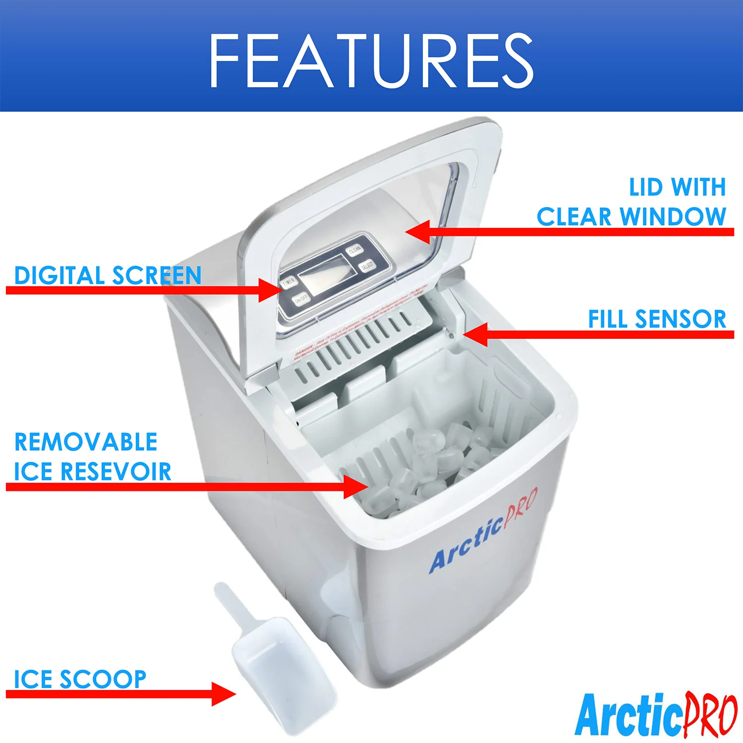 Arctic-Pro Portable Digital Quick Ice Maker Machine, Silver, Makes 2 Ice Sizes