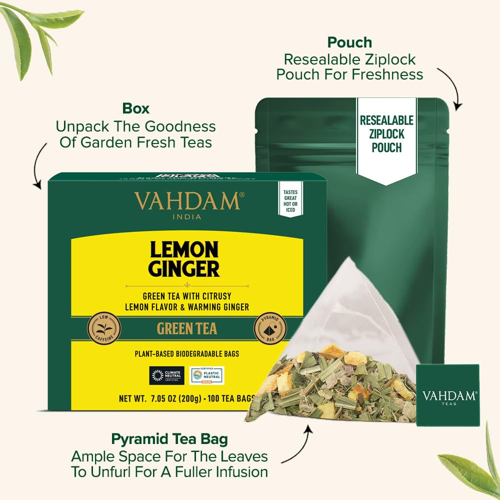 VAHDAM, Organic Turmeric Ginger Herbal Tea Bags (100 Pyramid Tea Bags) Caffeine Free, Non GMO, Gluten Free | 100% Pure Herbal Blend - Savory & Spicy | Plant-Based Tea Bags | Resealable Ziplock Pouch