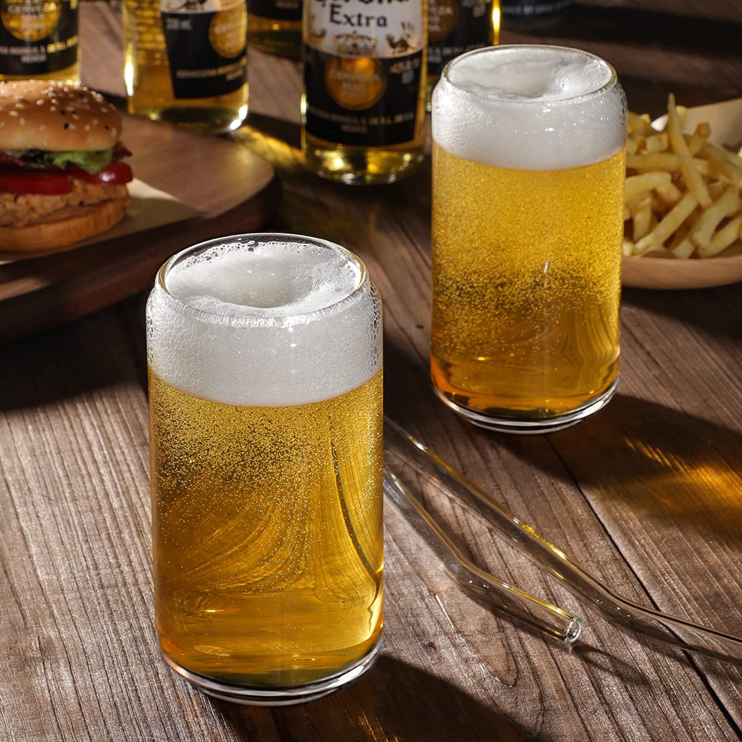 Drinking Glasses with Glass Straw 4pcs Set - 16oz Can Shaped Glass Cups, Beer Glasses, Iced Coffee Glasses, Cute Tumbler Cup, Ideal for Whiskey, Soda, Tea, Water, Gift - 2 Cleaning Brushes