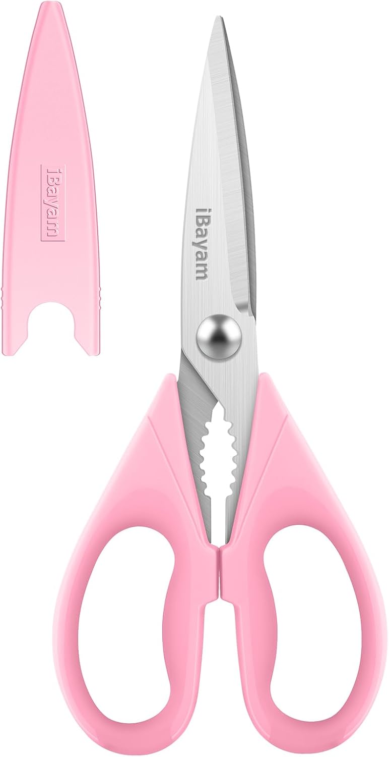 iBayam Kitchen Scissors All Purpose Heavy Duty Meat Poultry Shears, Dishwasher Safe Food Cooking Scissors Stainless Steel Utility Scissors, 2-Pack (Black Red, Black Gray)