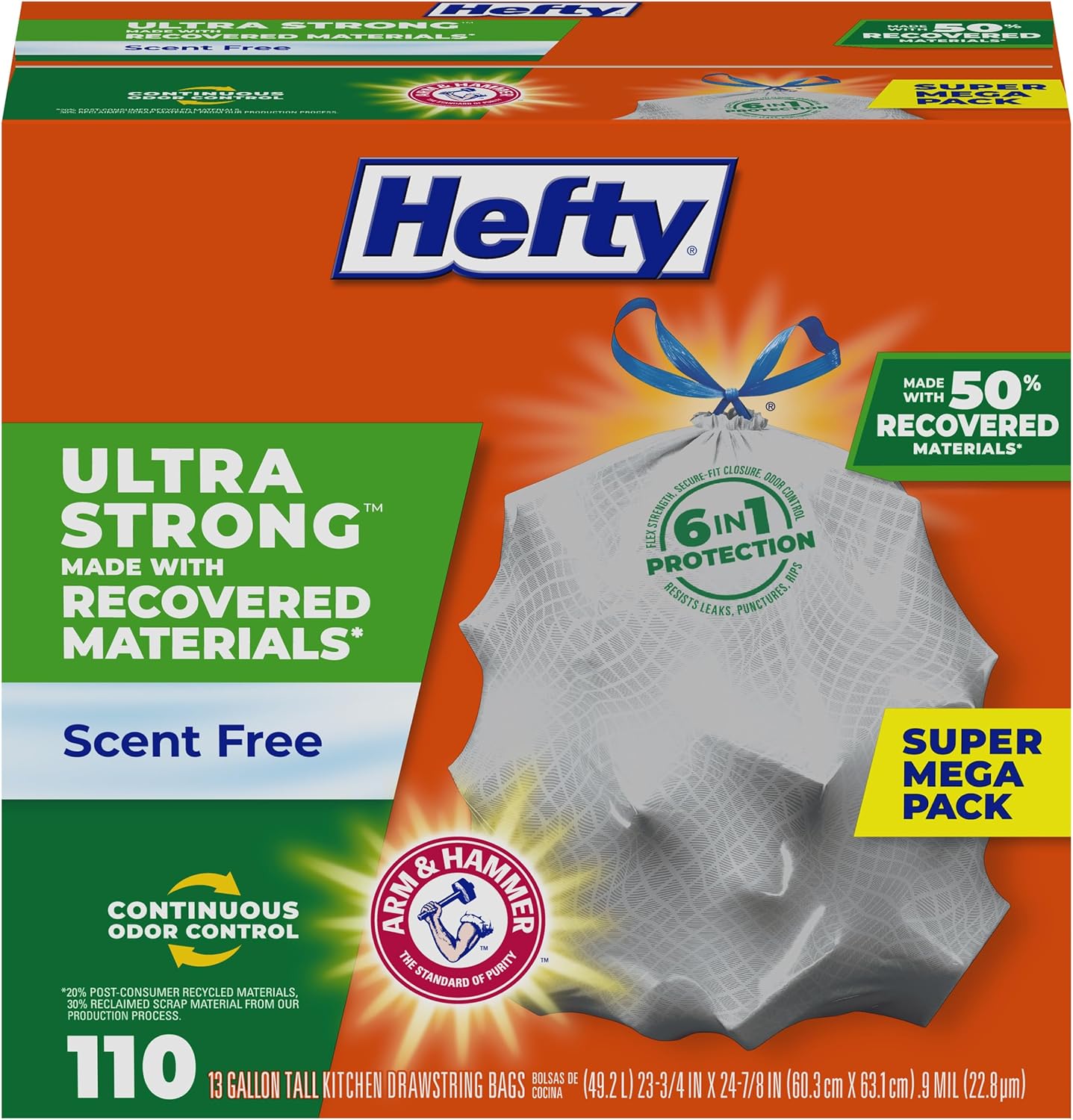 Hefty Ultra Strong Tall Kitchen Trash Bags, Unscented, 13 Gallon, (80 Count)