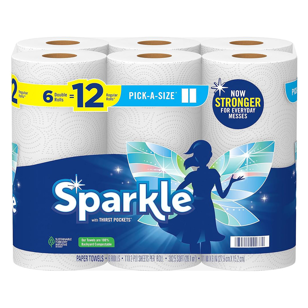 Sparkle® Pick-A-Size® Paper Towels, 6 Double Rolls = 12 Regular Rolls
