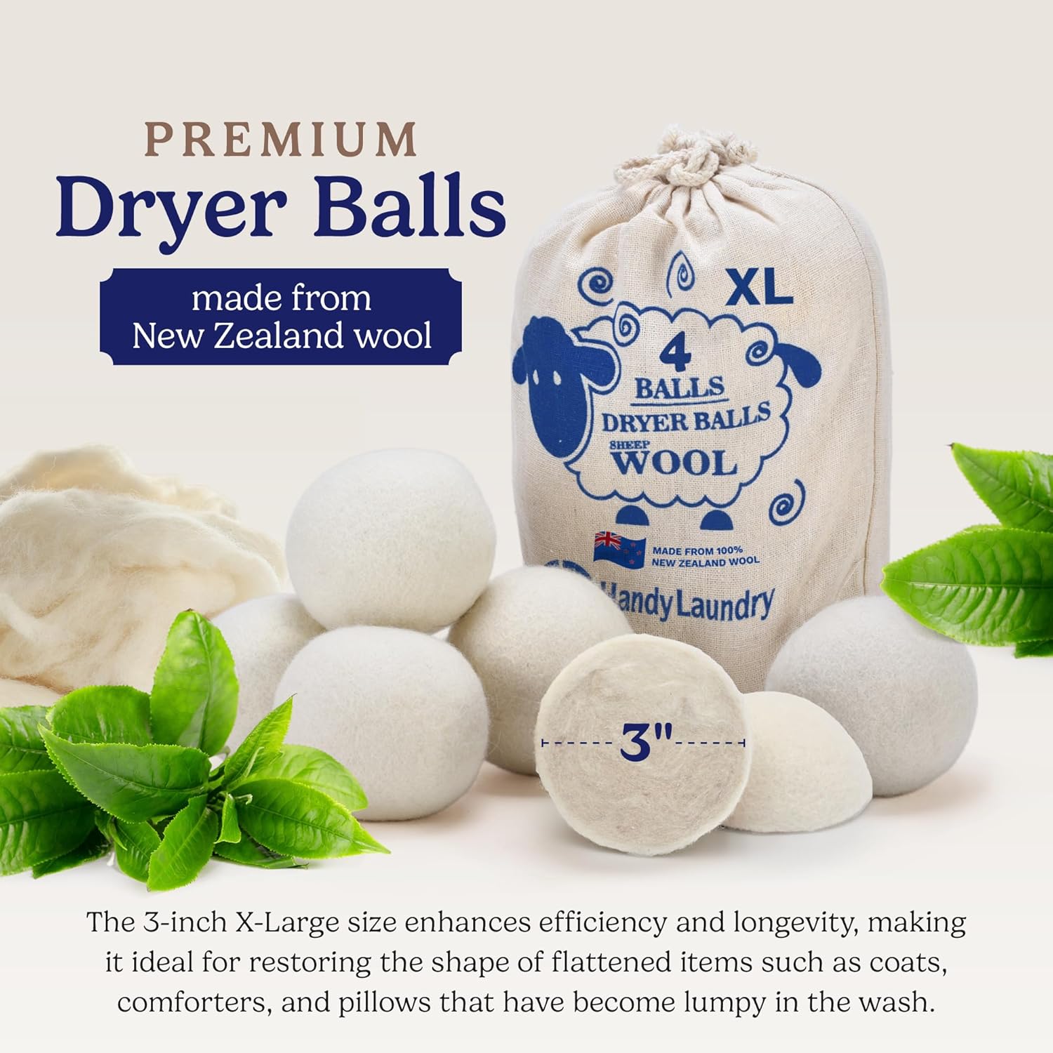 Wool Dryer Balls - Natural Fabric Softener, Reusable, Reduces Clothing Wrinkles and Saves Drying Time. The Large Dryer Ball is a Better Alternative to Plastic Balls and Liquid Softener. (Pack of 6)