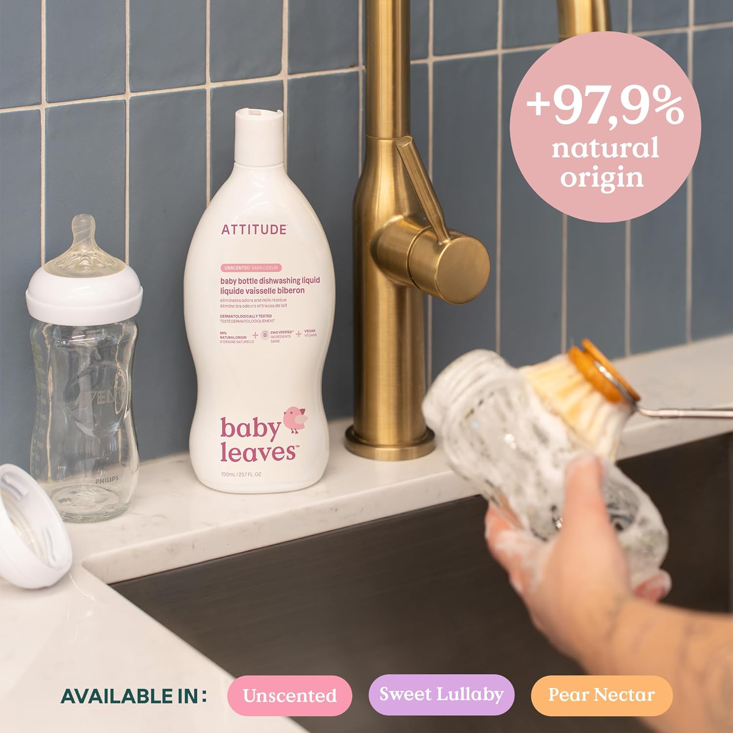 ATTITUDE Baby Dish Soap and Bottle Cleaner, EWG Verified Dishwashing Liquid, No Added Dyes or Fragrances, Tough on Milk Residue and Grease, Vegan, Unscented, 33.8 Fl Oz
