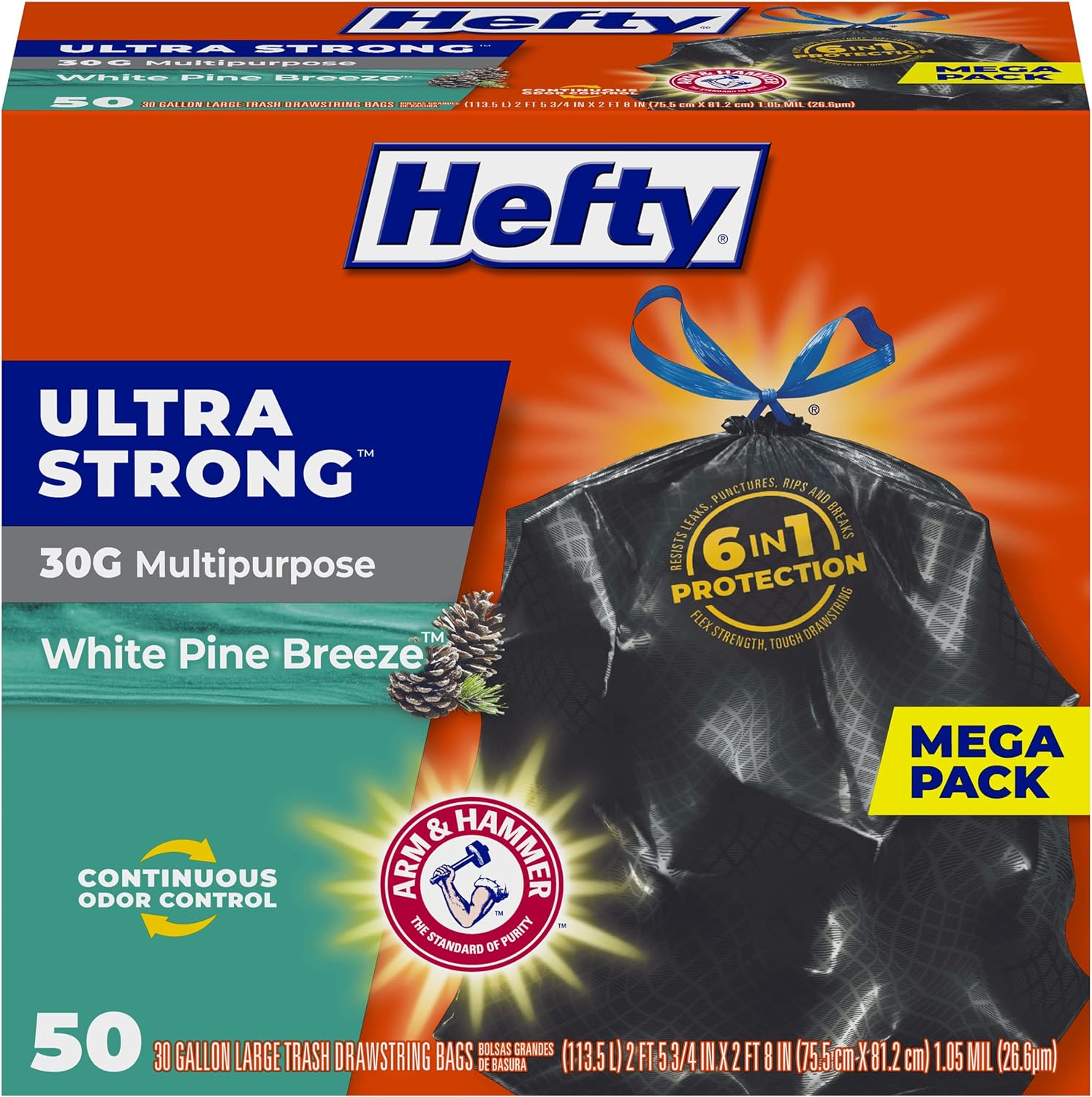 Hefty Ultra Strong 30 Gallon Trash Bags, Black Large Trash Bags 30 Gallon Size, Multipurpose, Break Resistant Drawstring Closure, Resists Leaks, Punctures, and Tears, Black, Fabuloso Scent, 50 Bags