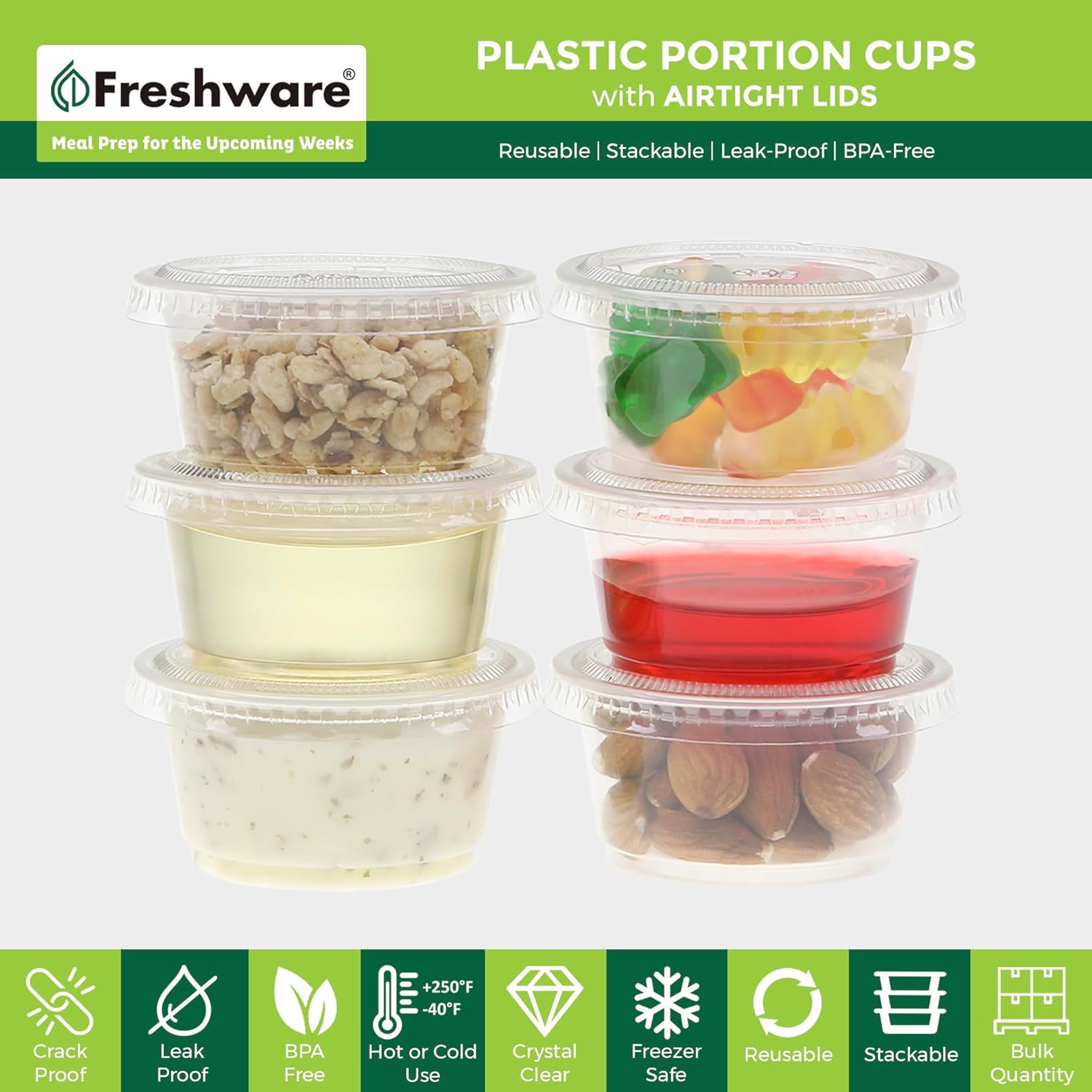 Freshware 200-Piece Polypropylene Portion Cups, Clear | 2 Ounce | 200 Sets | Cups with Lids