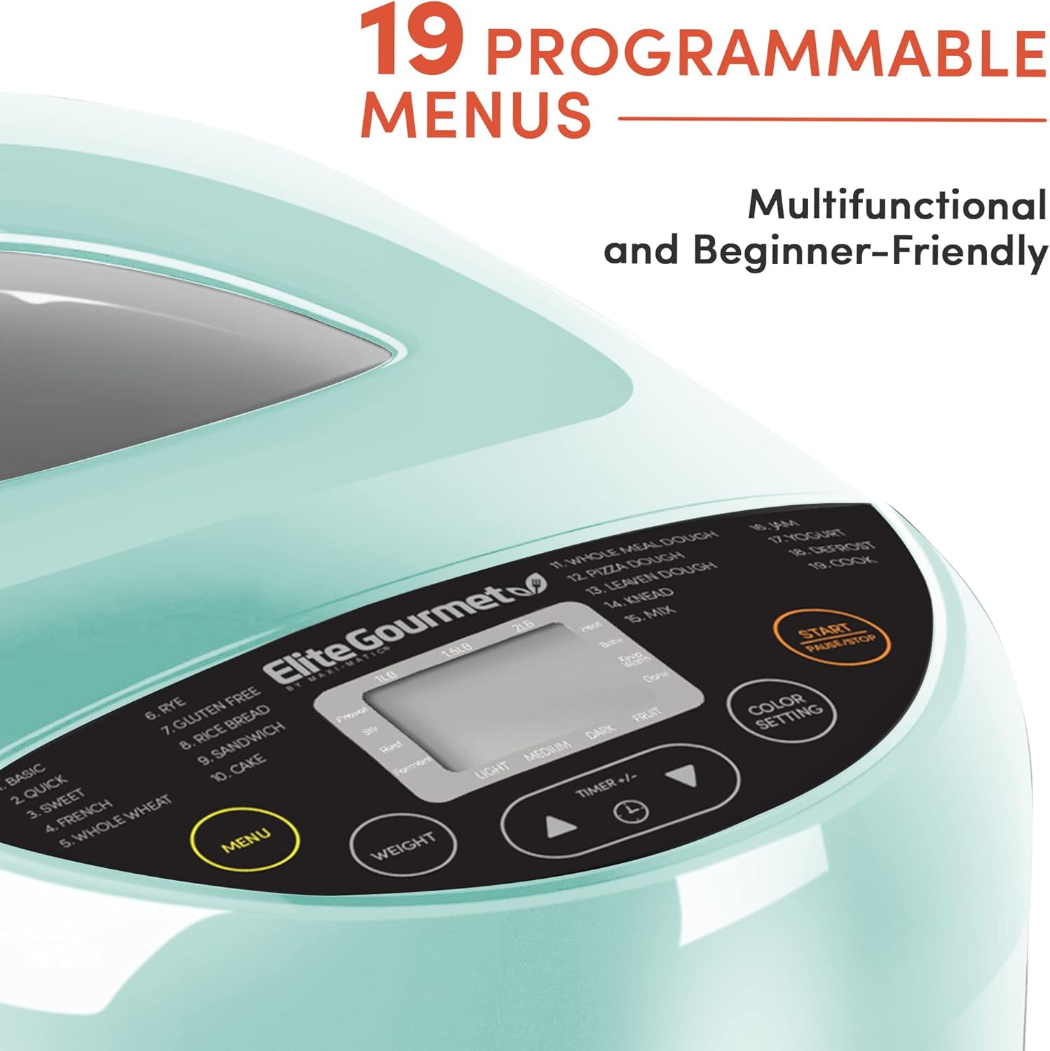 Elite Gourmet EBM8103B Programmable Bread Maker Machine 3 Loaf Sizes, 19 Menu Functions Gluten Free White Wheat Rye French and more, 2 Lbs, Black