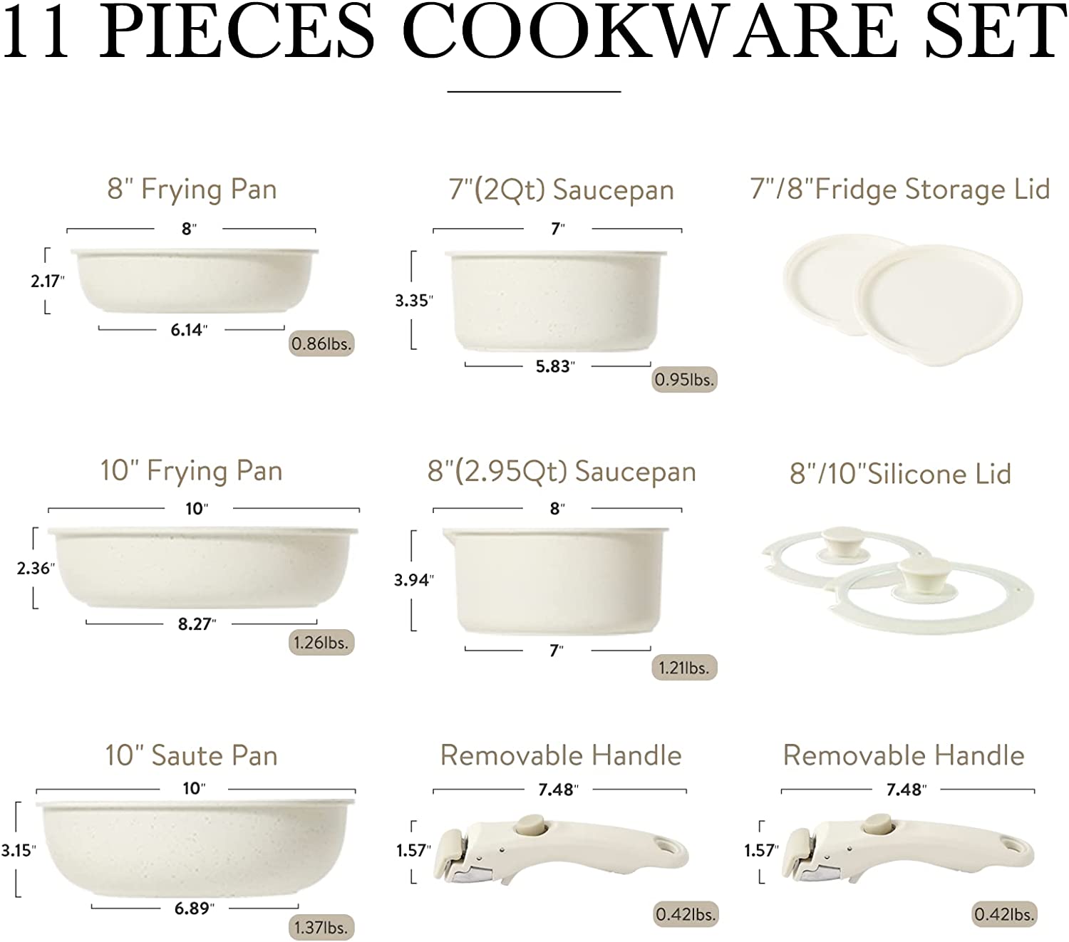 11pcs Pots and Pans Set, Nonstick Cookware Set Detachable Handle, Induction Kitchen Cookware Sets Non Stick with Removable Handle, RV Cookware Set, Oven Safe