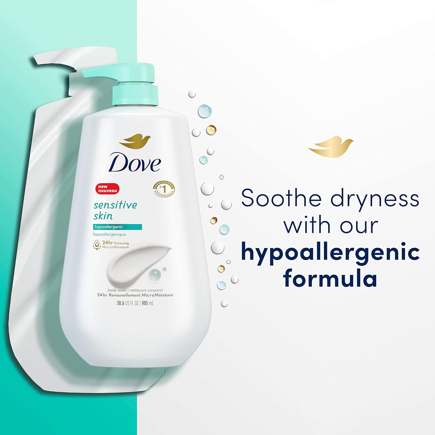Dove Body Wash 3 Count with Pump Sensitive Skin Hypoallergenic, Paraben-Free, Sulfate-Free, Cruelty-Free, Moisturizing Skin Cleanser Effectively Washes Away Bacteria While Nourishing Skin 30.6 oz
