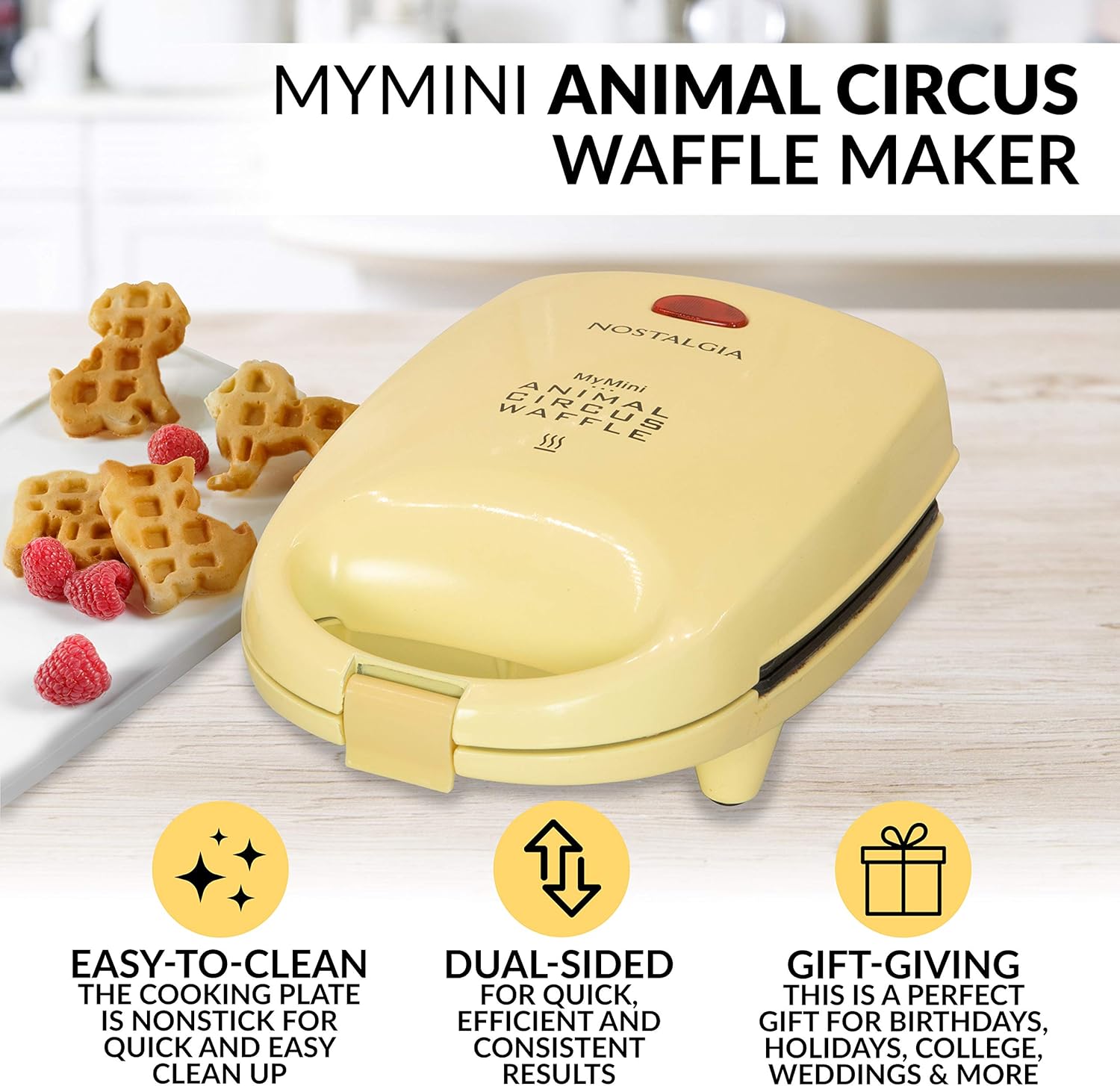 Nostalgia MyMini Cars and Trucks Shape Electric Waffle Maker, 5-Inch Non-Stick Griddle for Waffles, Hash Browns, Eggs, and More, Yellow