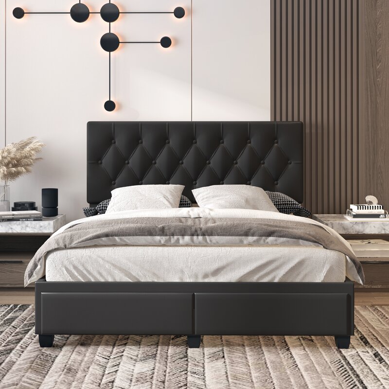 Verona Faux Leather Upholstered Tufted Platform Storage Bed Frame - Black