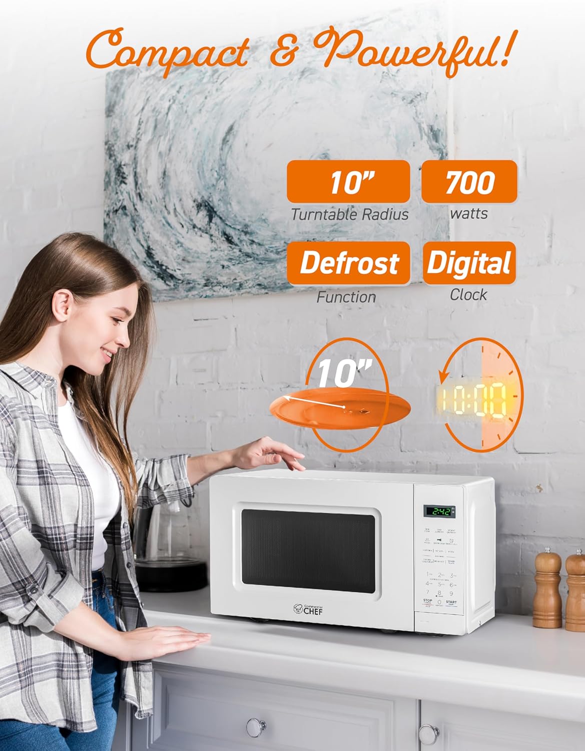 COMMERCIAL CHEF 0.6 Cubic Foot Microwave with 6 Power Levels, Small Microwave with Grip Handle, 700W Countertop Microwave with 30 Minute Timer and Mechanical Dial Controls, White