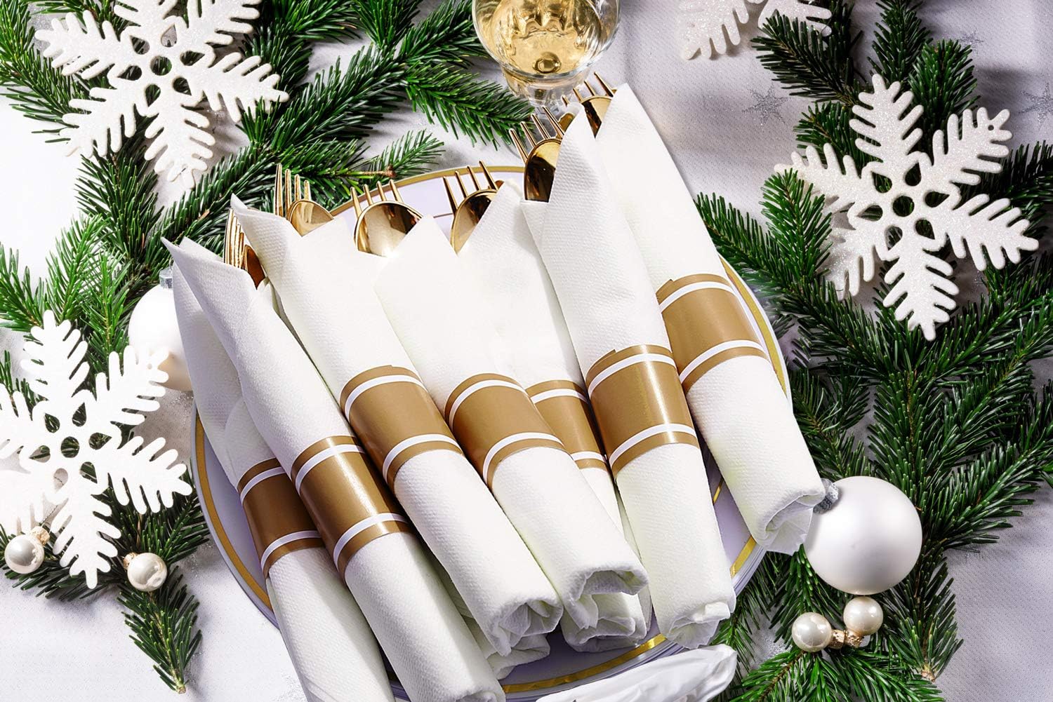 Supernal 60 Pack Pre Rolled Napkins with Gold Plastic Silverware, Premium Disposable Gold Wrapped Cutlery Set Includes: 60 Forks 60 Knives 60 Spoons 60 Napkin for Party