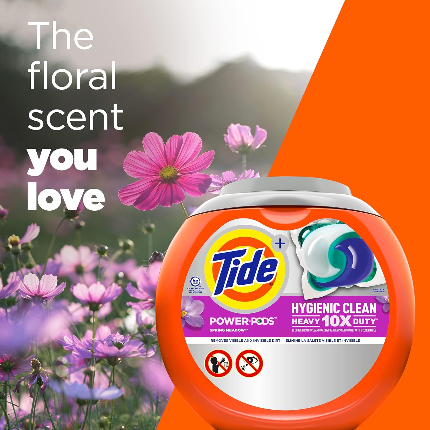 Tide Hygienic Clean Heavy 10x Duty Power PODS Laundry Detergent Pacs For Visible and Invisible Dirt, Spring Meadow Scent, 45 Count