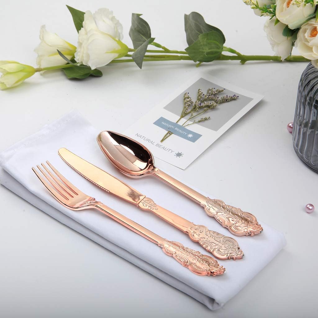 WDF300 Pieces Gold Plastic Silverware - Heavy Duty Disposable Gold Cutlery Set Plastic Gold Silverware Set Plastic Includes 100 Forks, 100 Spoons, 100 Knives
