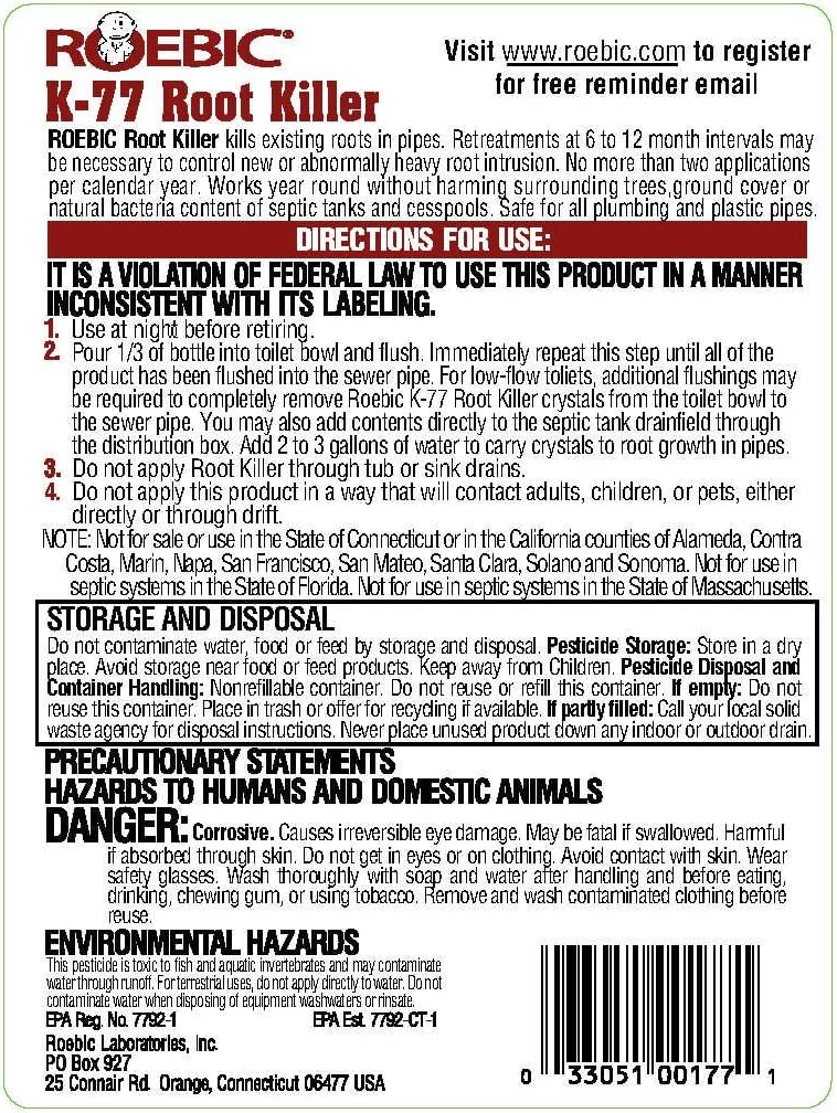Roebic K-77 Root Killer: Clears Pipes, Stops New Growth, Works for Sewer and Septic Systems - 32 Ounce